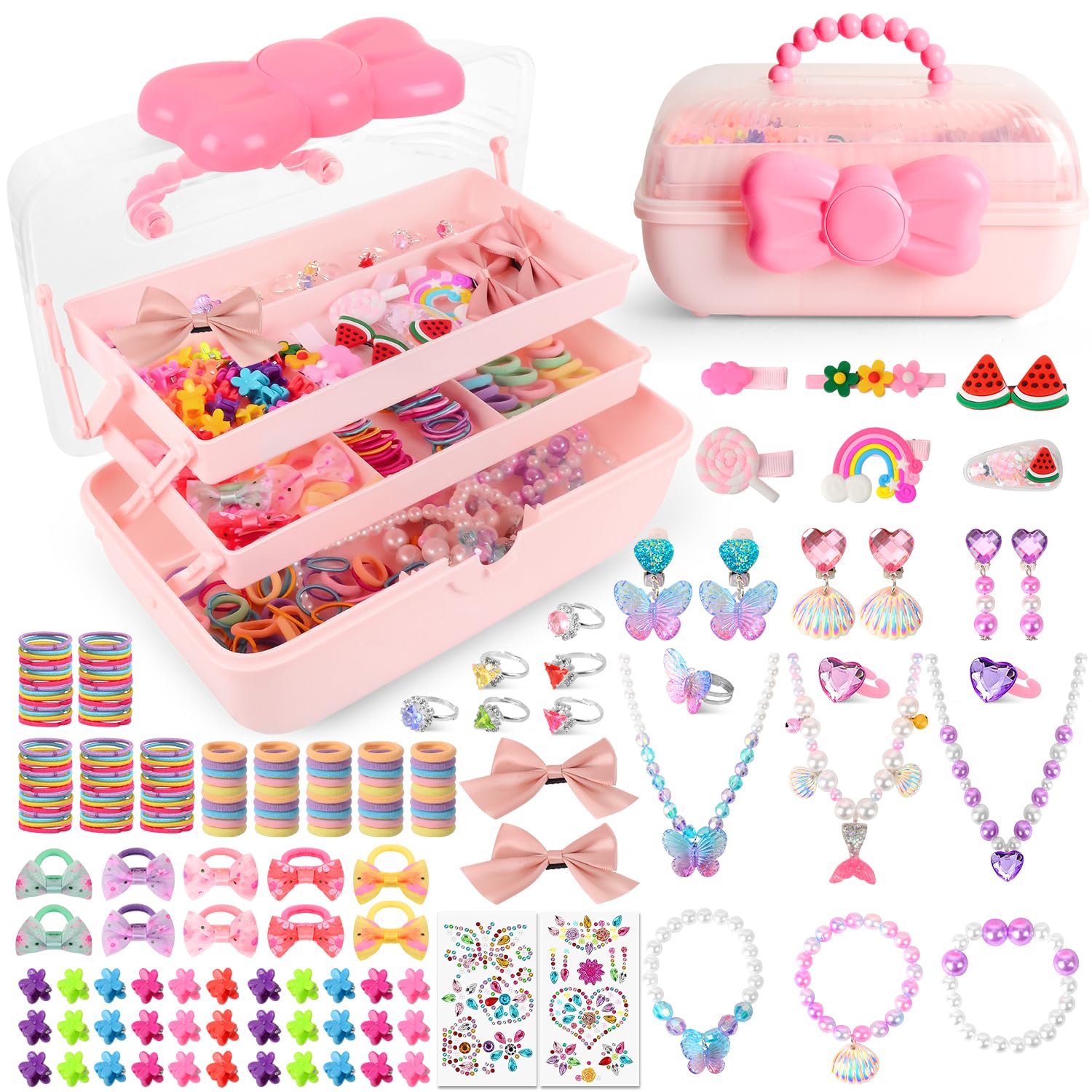 Bijoux Jouets Fille, 218 Pièces Boite a Bijoux Enfant Princesse avec Collier, Bracelet, Bagues, Attaches Cheveux et Pinces à Cheveux, Anniversaire Noël Cadeau Fille pour 3 4 5 6 7 8 9 10 Ans