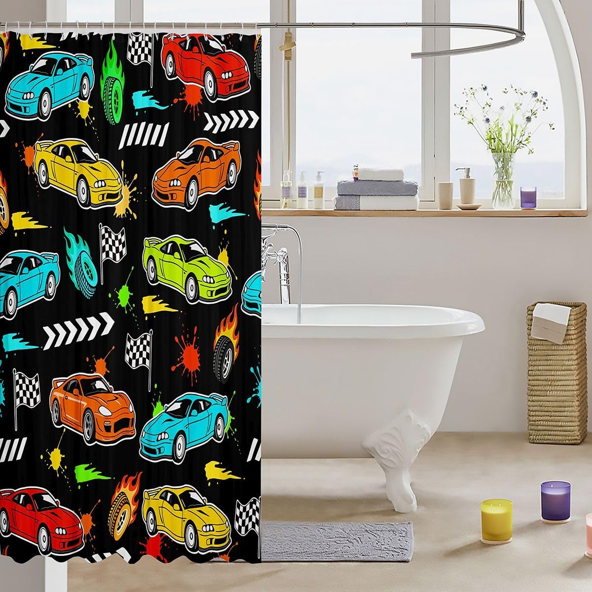 Feelyou Cartoon Sports Race Car Shower Curtain for Bathroom Decor 72"x78" image 3