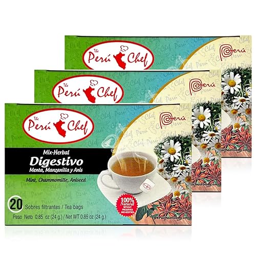 3 Cajas de Peruchef Te Digestivo Mezcla de Hierbas (Menta, Camomila, Anís) 20 sobres | 3 cajas de 20 bolsas de té de mezcla digestiva de hierbas