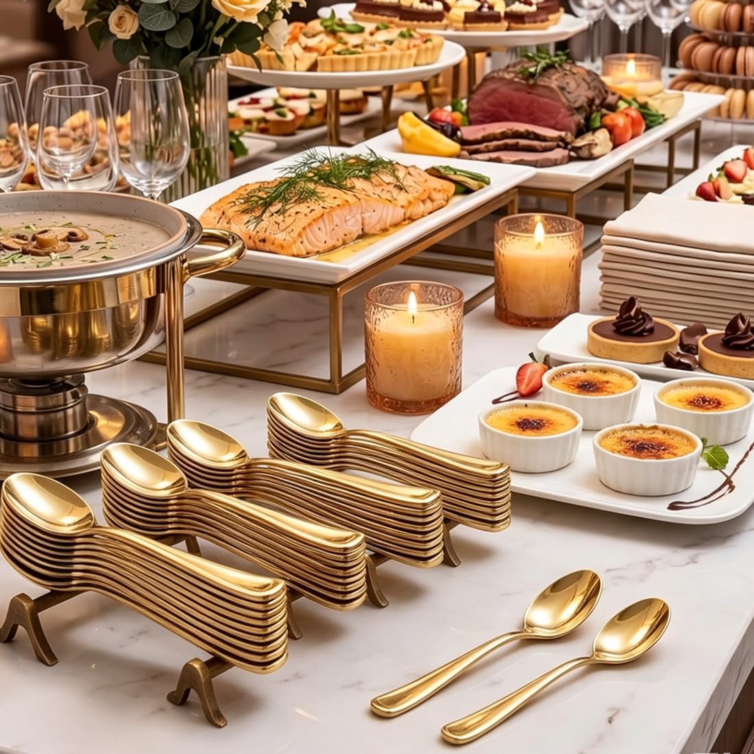50Pcs Gold Plastic Spoons - Heavy Duty Heavyweight Disposable Silverware, Premium UV Plated Shiny Gold Cutlery for Party, Wedding, Dinner, Birthday, Catering Events Utensil image 4