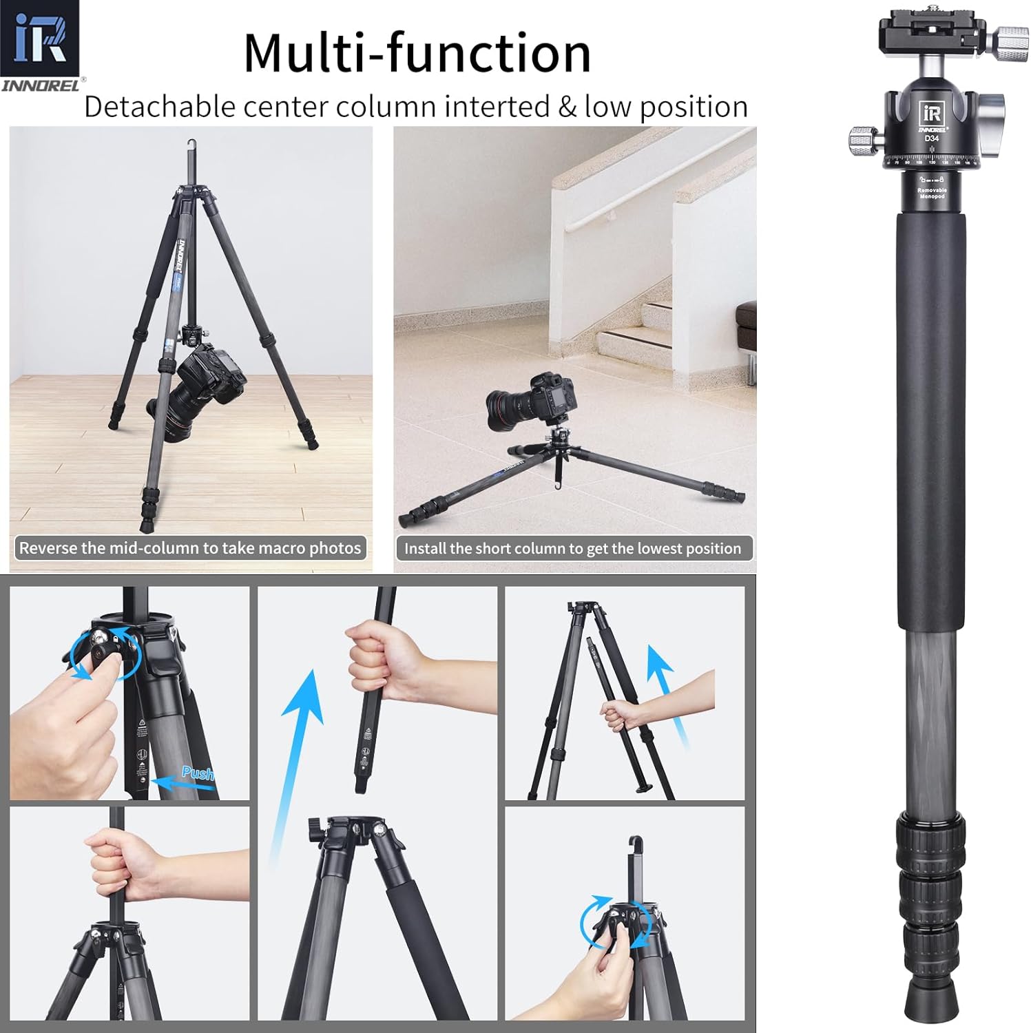 Carbon Fiber Camera Tripod INNOREL P254C 62.5" Compact Lightweight Travel Tripod&Monopod for Digital DSLR Camera Stand Support with Special-Shaped Center Column 0.98in/25mm Tube Max Load 26.5lbs/12kg