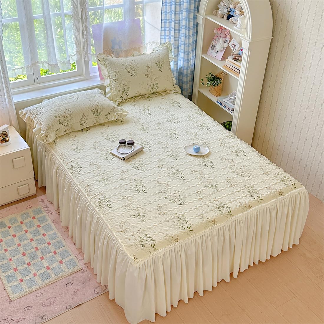 Cubrecama Acolchado con Falda de Volantes de chifón y 2 Fundas de Almohada en algodón Grueso, 150x200x40cm, Crema