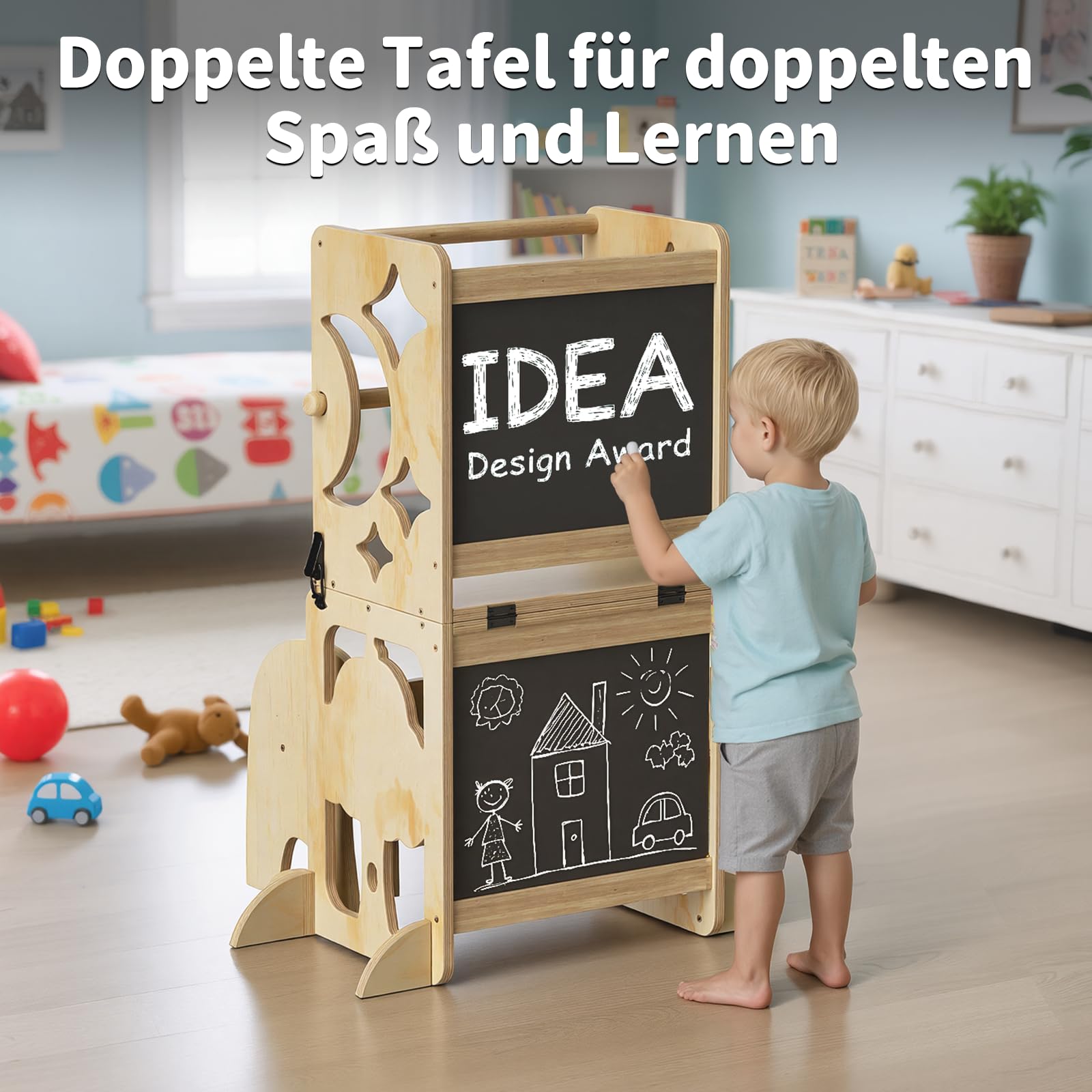 COSYLAND Lernturm ab 1 Jahr, klappbar – 4in1 Lernturm Kinder mit Doppeltafel, Stehhilfe & Schreibtisch mit Stuhl, Elefanten-Hocker als Tritthocker, Natur