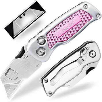 Harita Box Cutter Utility Knife Cutter Knives with Quick Change Blades, Back-lock Mechanism, Portable Belt Clip, Heavy Duty Razor Knife with 5-piece Extra Blades Pink
