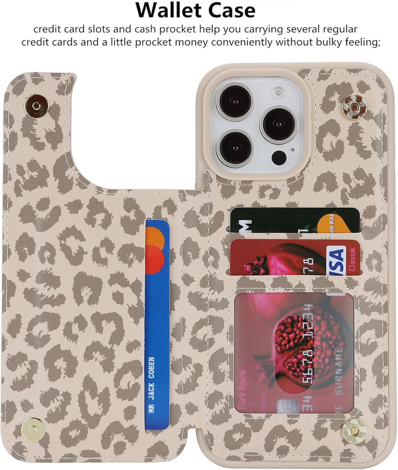 iCoverCase Compatible with iPhone 16 Pro Max Wallet Phone Case with Card Holder for Women Men, [RFID Blocking] Card Slots PU Leather Protective Wallet Case 6.9 Inch (Beige Leopard) - Image 8