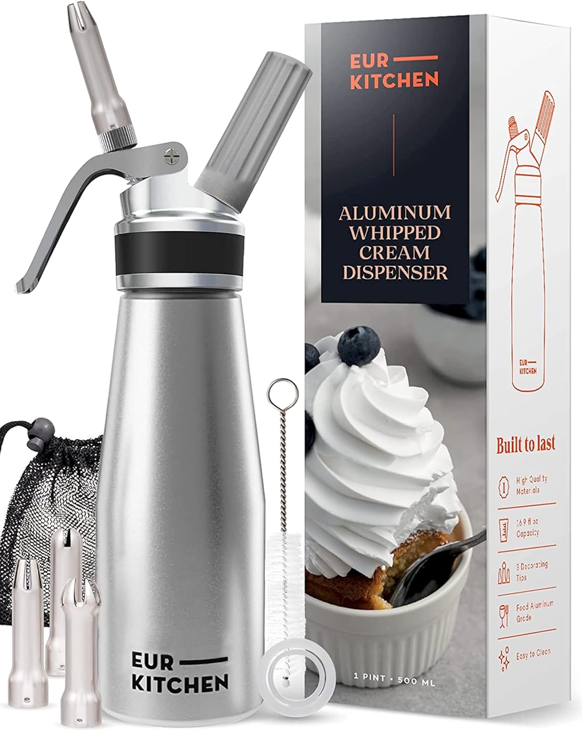 EurKitchen Professional Aluminum Whipped Cream Dispenser - Leak-Free Whip Cream Maker Canister with 3 Decorating Nozzles