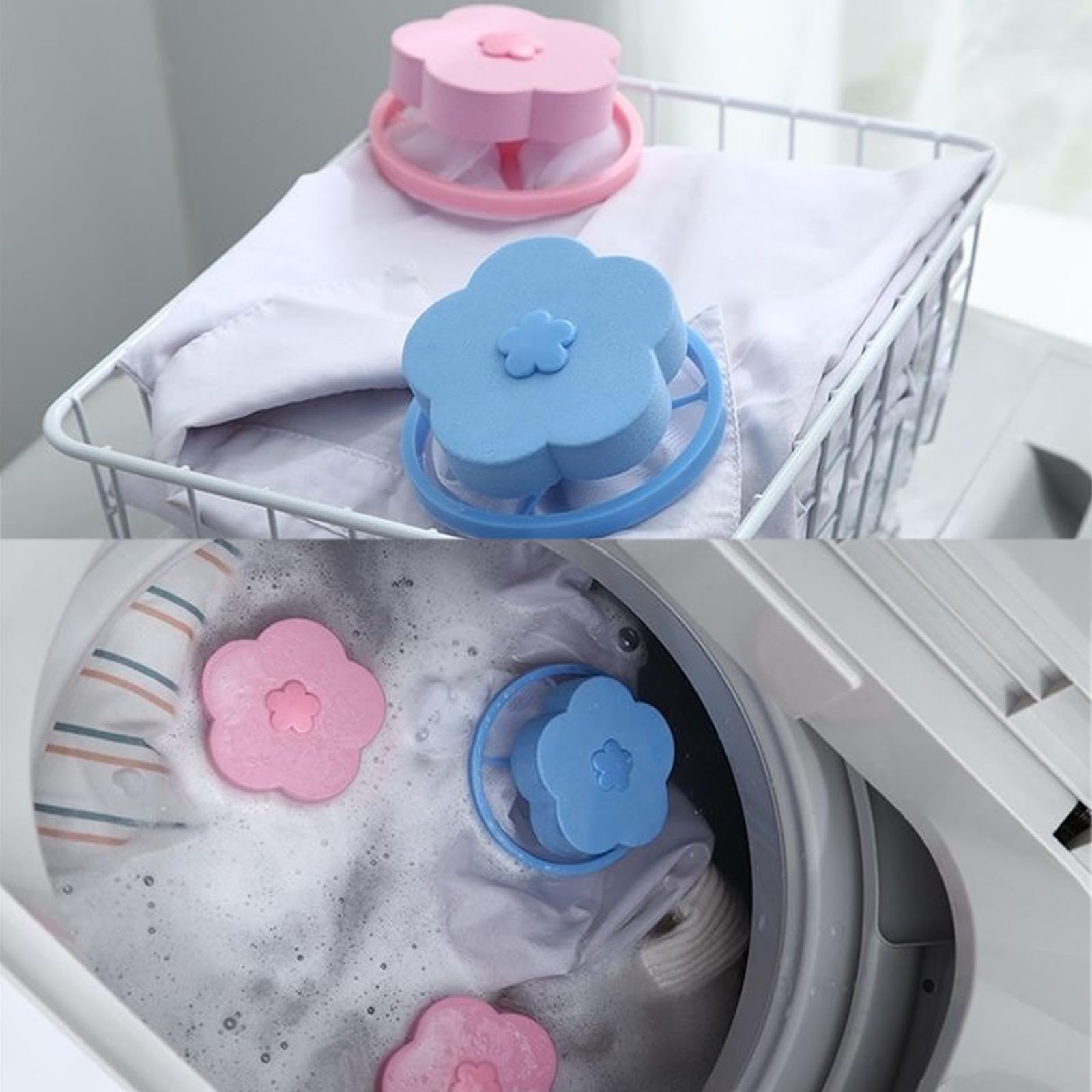 4 Stück Flusenfänger Für Waschmaschine - Wiederverwendbare Tierhaarentferner In Blau & Pink