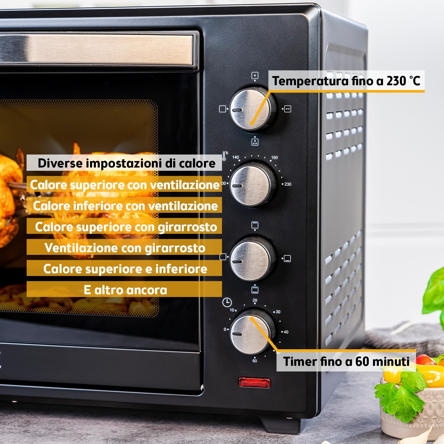 TZS First Austria - Mini Forno 60L 2000W - Fornetto spazioso per pizza con temperatura fino a 230°C e 6 modalità - Con timer di 60 min, 4 altezze di inserimento, teglia, griglia e spiedo rotante