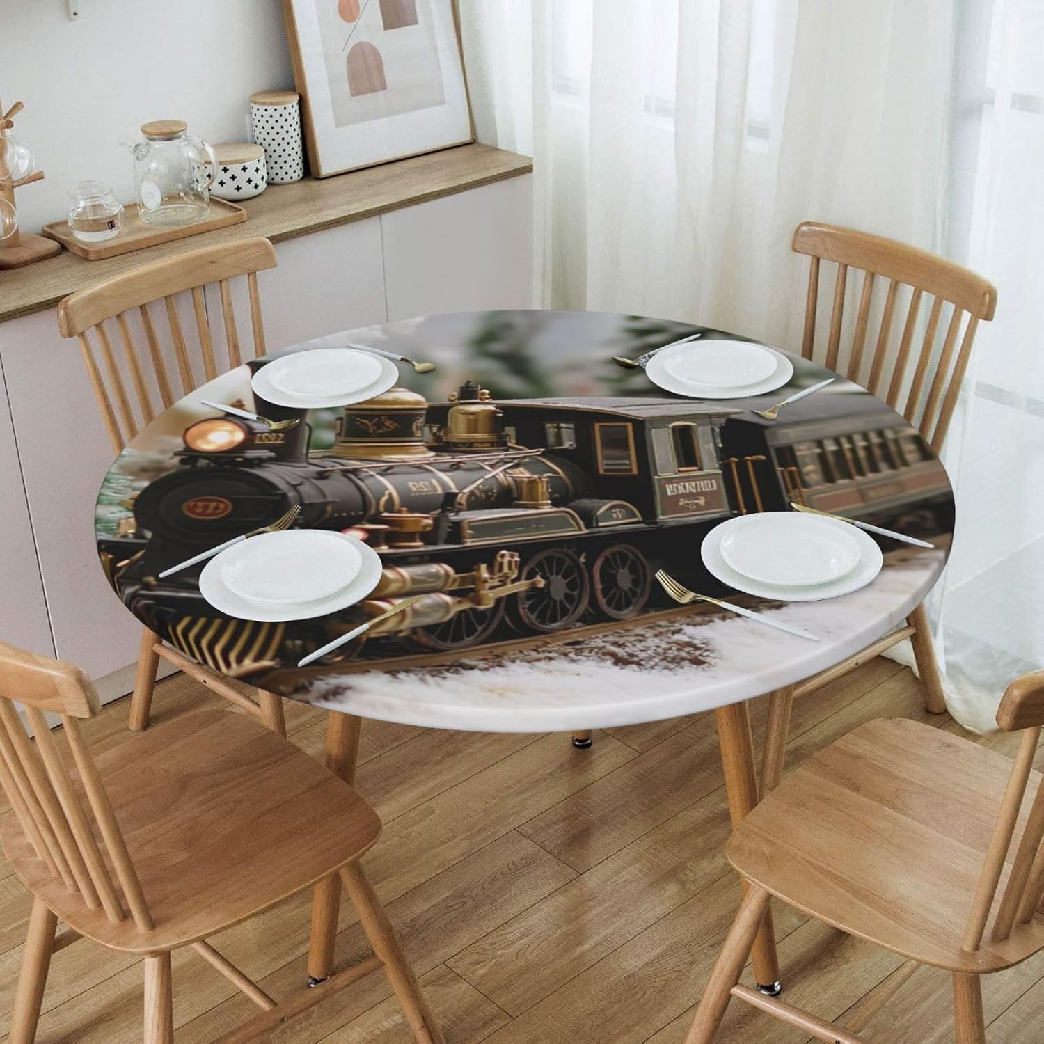 Steam Locomotive Train - 60 Inch Round Tablecloth, for Outdoor Picnic, Spill Proof and Washable Tablecloth, Kitchen and Holiday Dinner