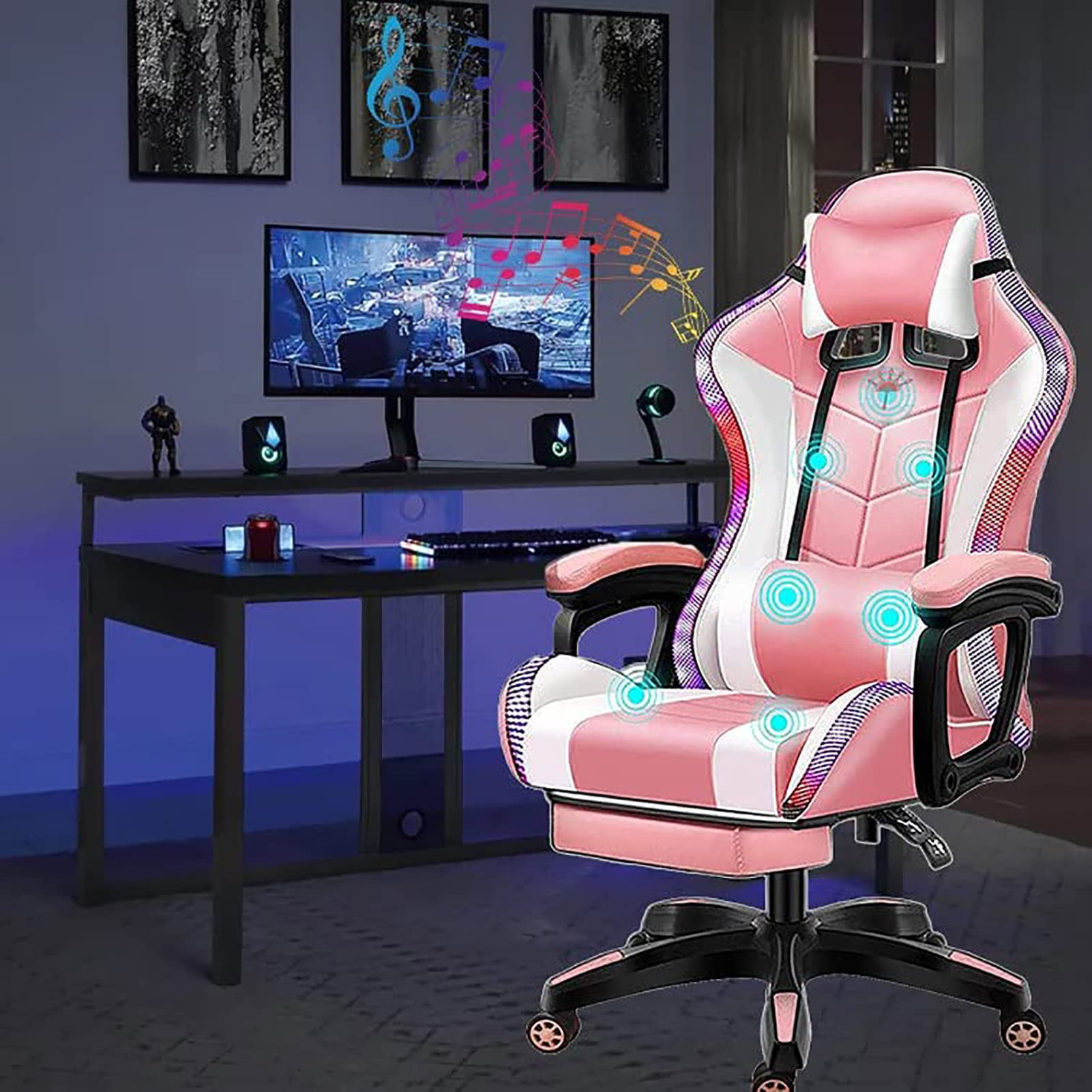 Silla gaming con luces LED y altavoces Silla de carreras de computadora con reposapiés y soporte lumbar Silla de oficina ergonómica RGB High Back con reposacabezas,Rosado