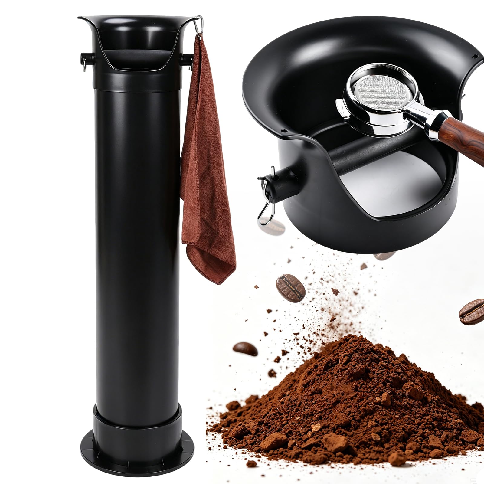 Cubo de Golpe para Café, 85.5 cm/33.7 in, Recipiente de colección de posos de pie de Piso de ABS Grueso con Barra de Goma y Gancho para Toalla para cafetería Black