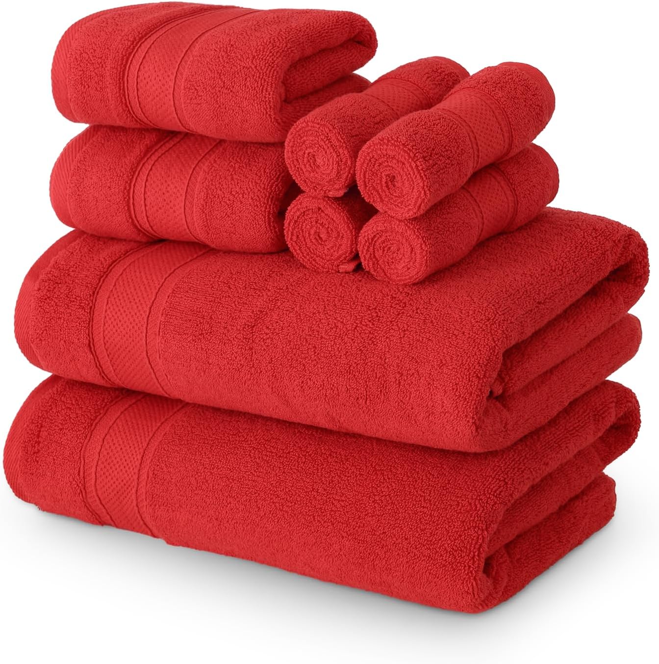 MoNiBloom 8-Piece 100% Cotton Bath Towel Set for Bathroom Home Spa Gym Shower, Contains 2 Bath Towels 27x54, 2 Hand Towels 16x28, 4 Washcloths 12x12, Highly Absorbent Ultra Soft Quick-Dry Red