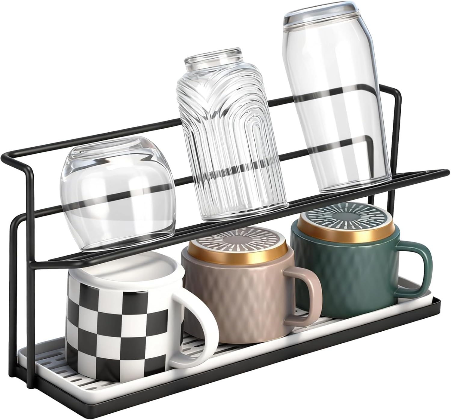 Metal Cup Holder, 2-Tier Water Bottle Drying Rack With Drain Tray & Thickened Frame, Space-Saving Kitchen Countertop Organizer For Glasses, Mugs (Black)