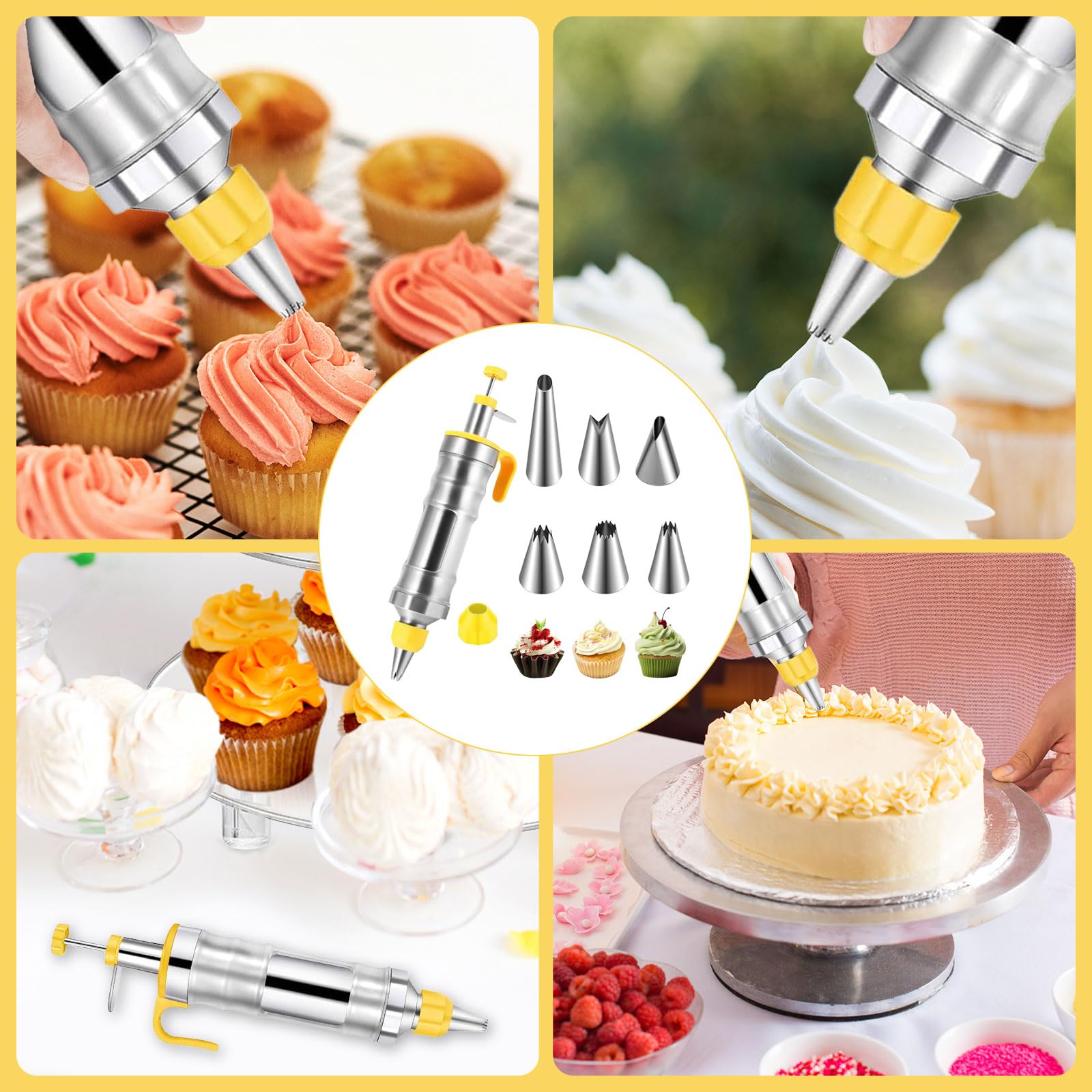Seringue à gâteau, seringue à crème, en acier inoxydable, avec 6 douilles, poche à douille réutilisable, pour cupcakes, gâteaux, biscuits, beignets, pâtisseries (jaune)