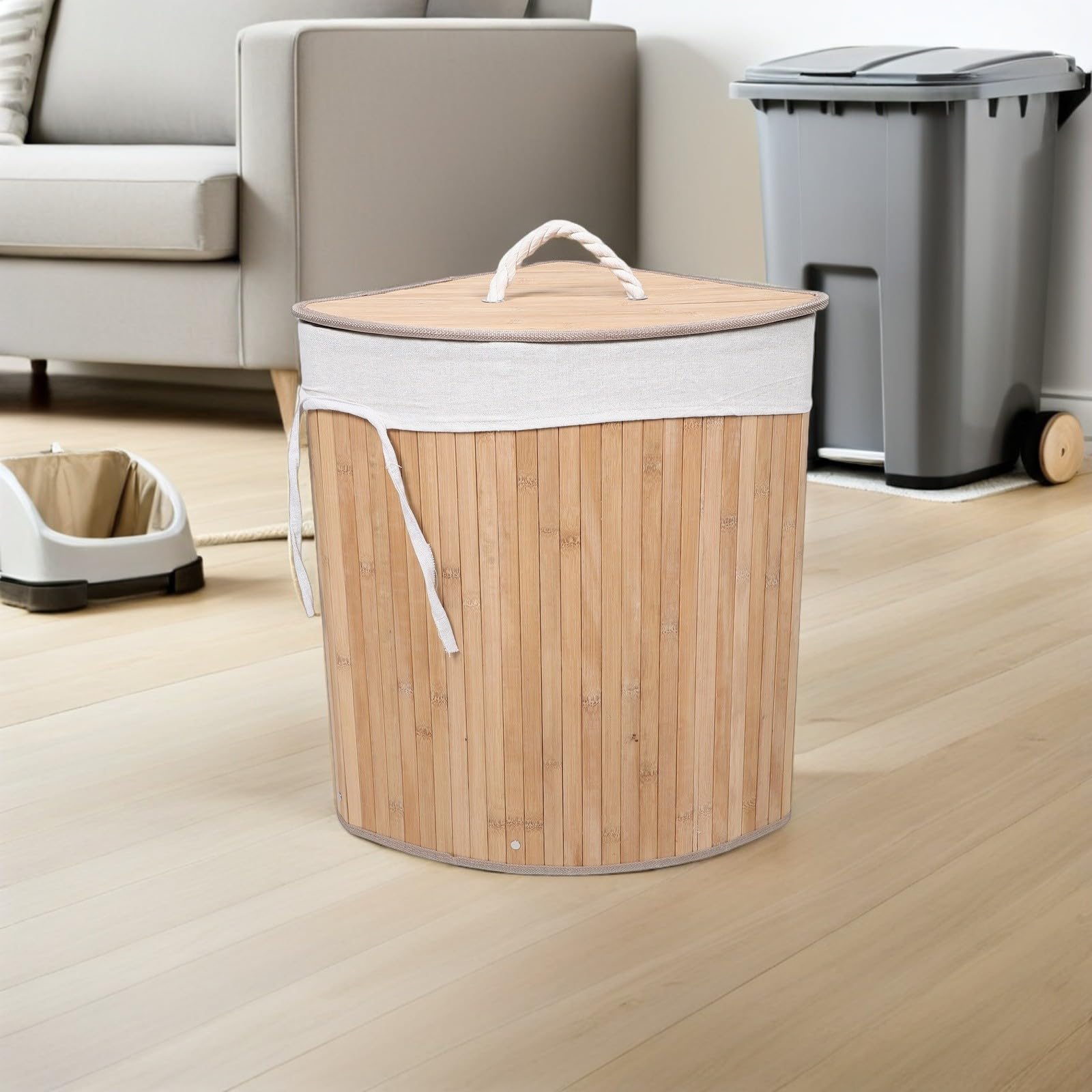 INOOMP Cesto Porta Biancheria Triangolare con Coperchio Design Salvaspazio in Bambù e Tessuto Colore Beige per Angolo Camera e Casa 35x50cm