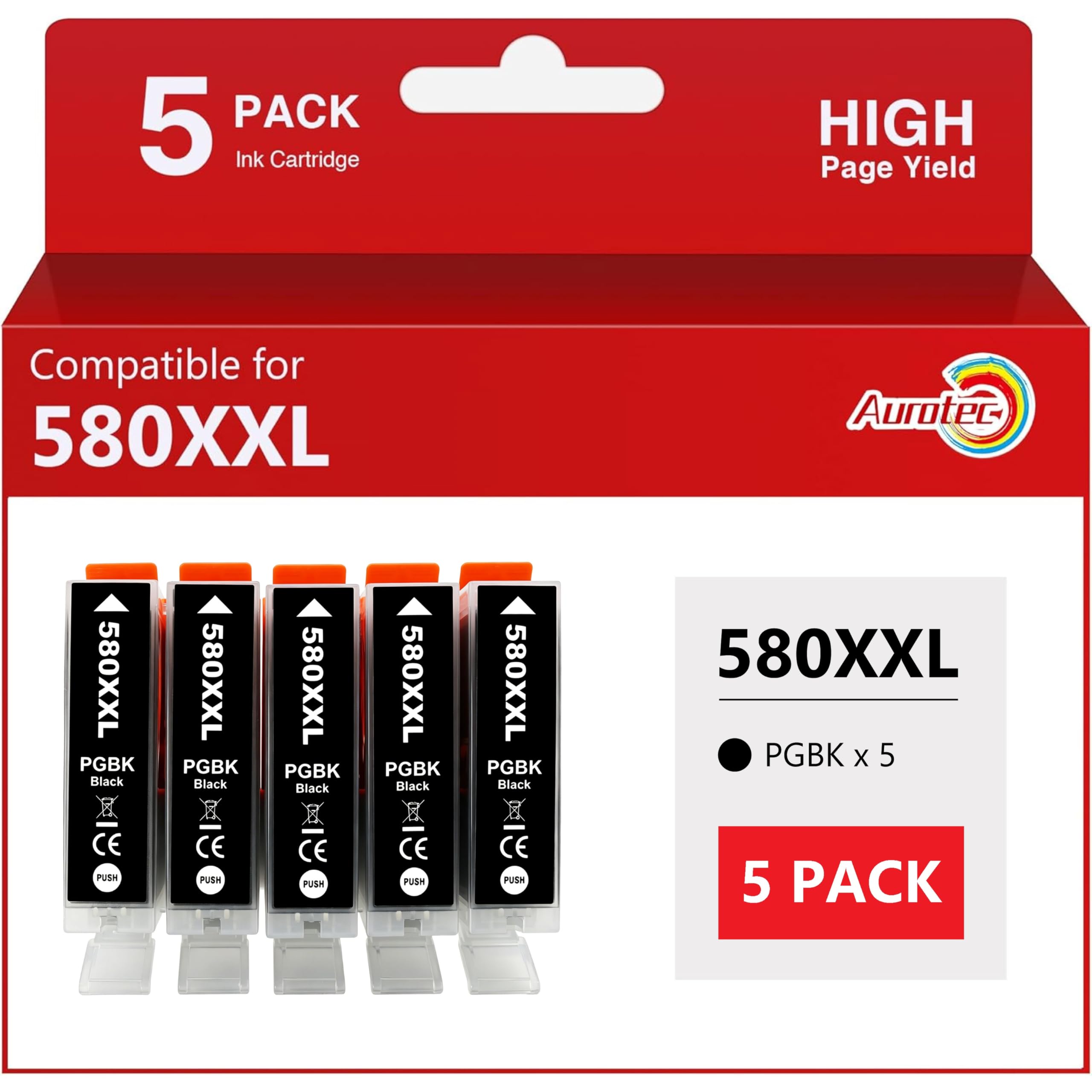 Aurotec 580XXL PGBK Pack de 5 Cartuchos de Tinta Negro para Canon PGI-580 | Tinta 580XXL PGBK compatible con Canon Pixma TS705 TS6150 TS6250 TS6350 TS8150 TS8250 TS8350 TS9150 TS9550 Impresora.