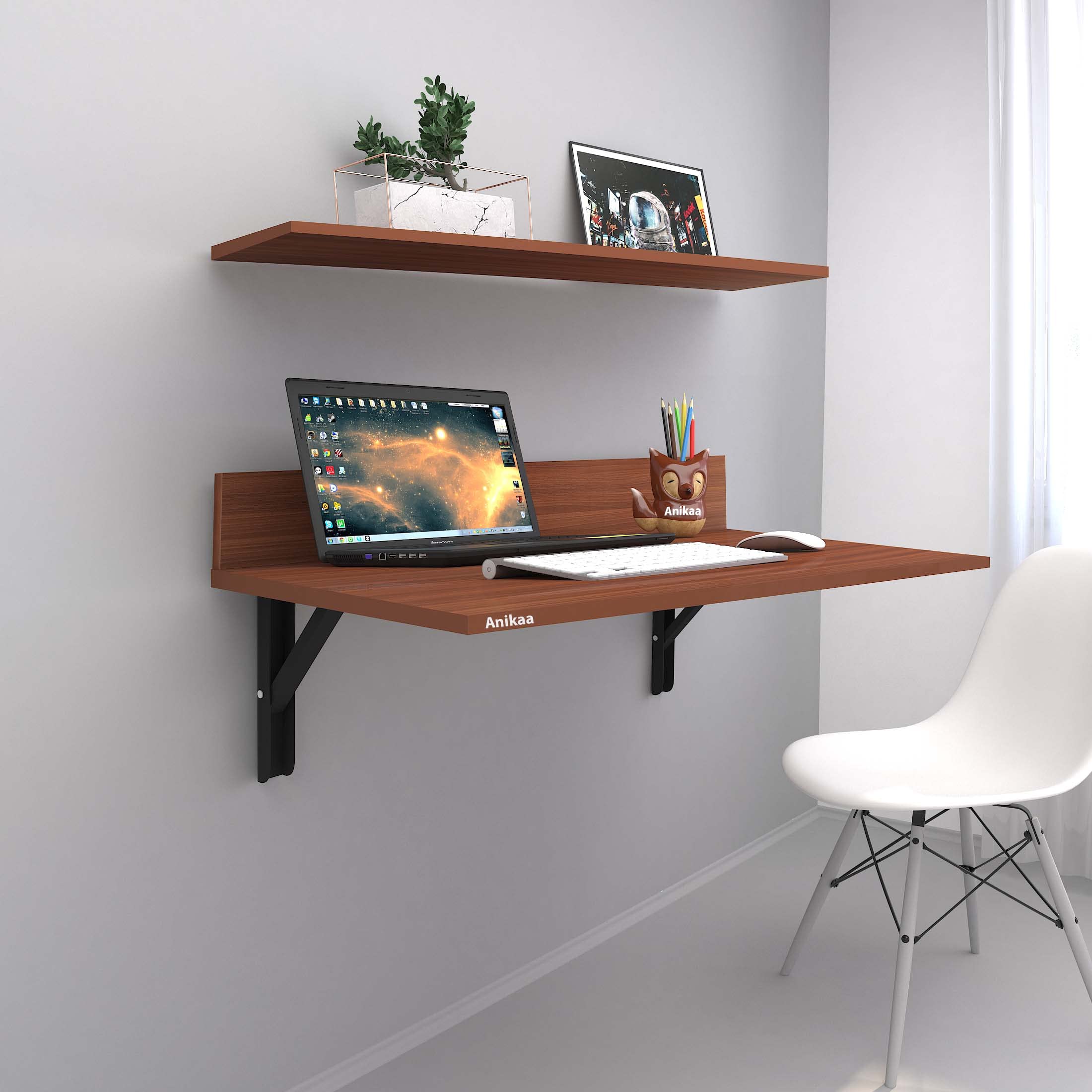 Anikaa Mady Engineered Wood Wall Mounted Folding Table/Study Table/Mini Laptop Table/Laptop Table with Wall Shelves for Home Living Room Drawing Room Office (Walnut)