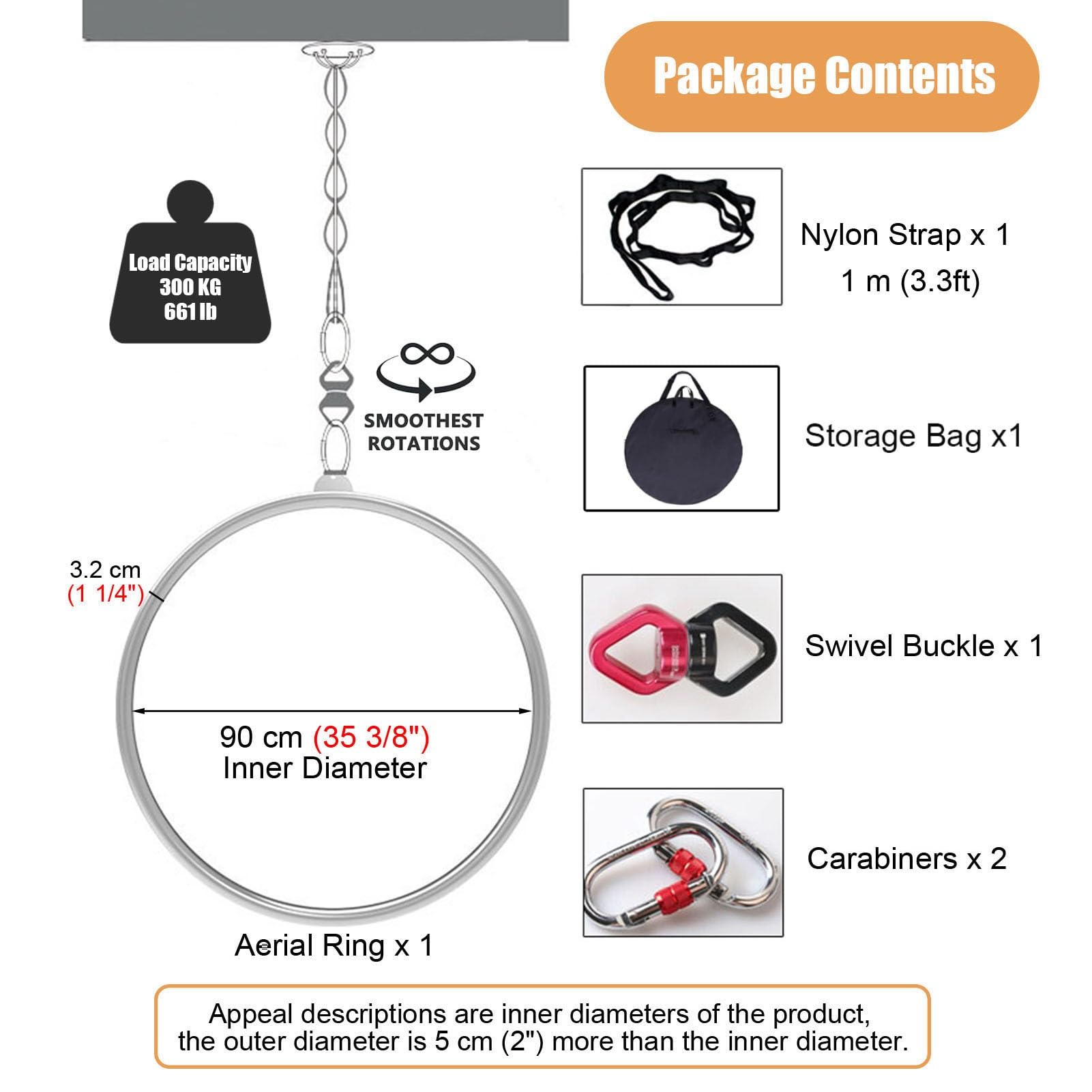 Kunovo Single Point Lyra Aerial Hoop Kit, Stainless Steel Aerial Ring with Storage Bag, Aerial Yoga Equipment for Dancing Studio/Home Practice (Size : 90 cm (35