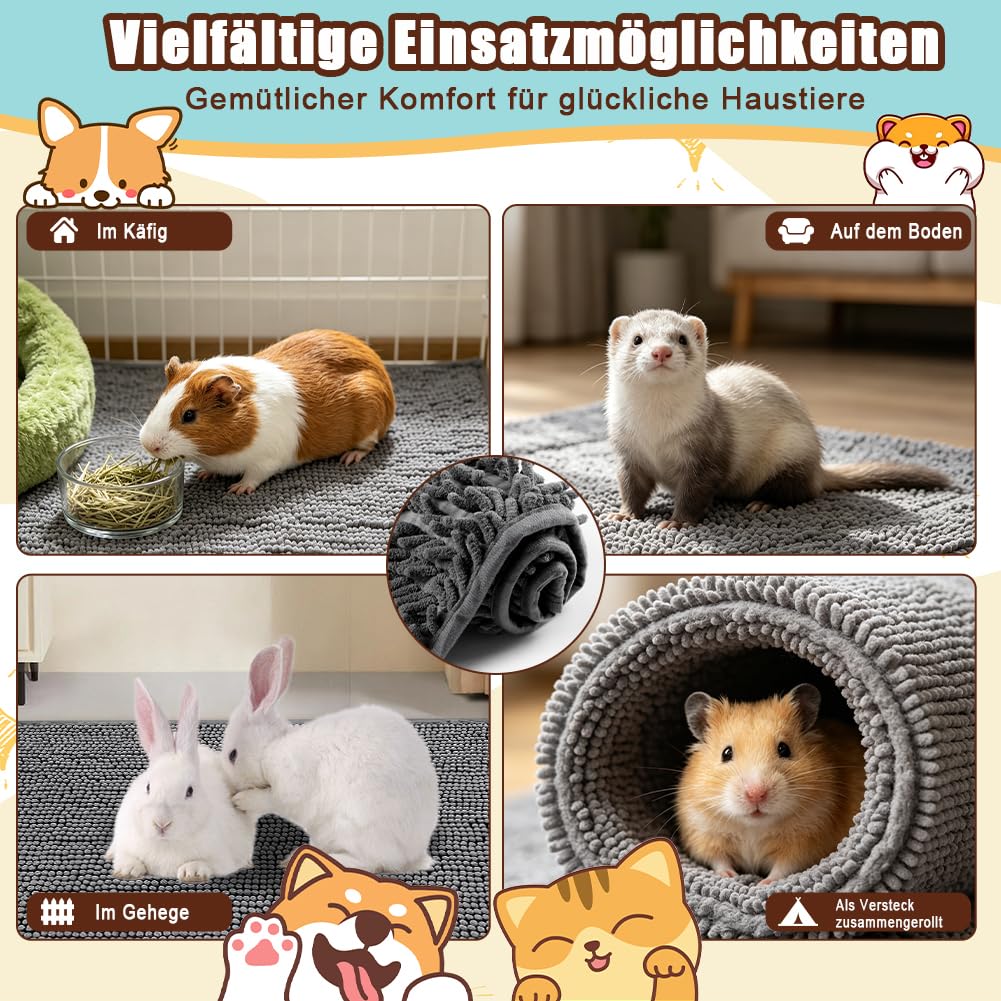 3 Stück Meerschweinchen Unterlage aus Chenille-Stoff 60x40cm, Saugfähige Pipipads mit rutschfester Unterseite, Waschbare Kleintierunterlage für Hamster Kaninchen Chinchilla, schmutzabweisendes