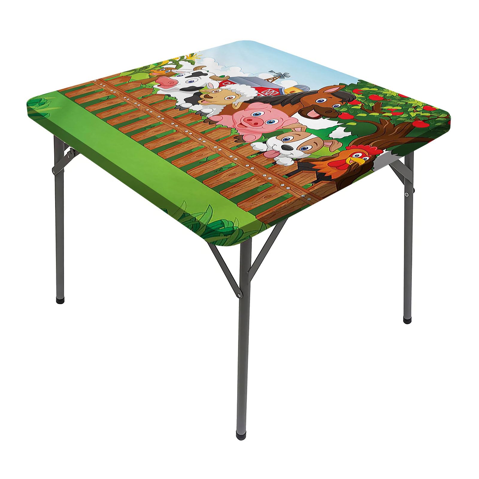 JUNTAIY Cartoon Elastic Edged Tablecloth, Cute Farm Animals on Fence Comic Mascots Home Decorative Tablecloths, Fits 24x24 inch Table, Great for Home