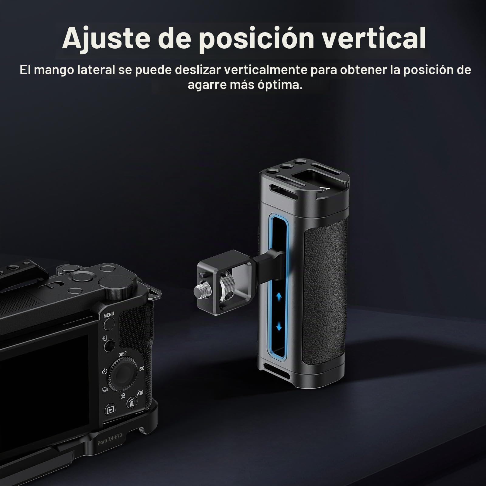NEEWER Empuñadura Lateral para Jaula de Cámara, Empuñadura Lateral Ligera de ABS + PC con Silicona, Tornillos de 3/8" y 1/4", Pin de Localización, Brazo Ajustable Verticalmente, Zapata Fría, CA069H