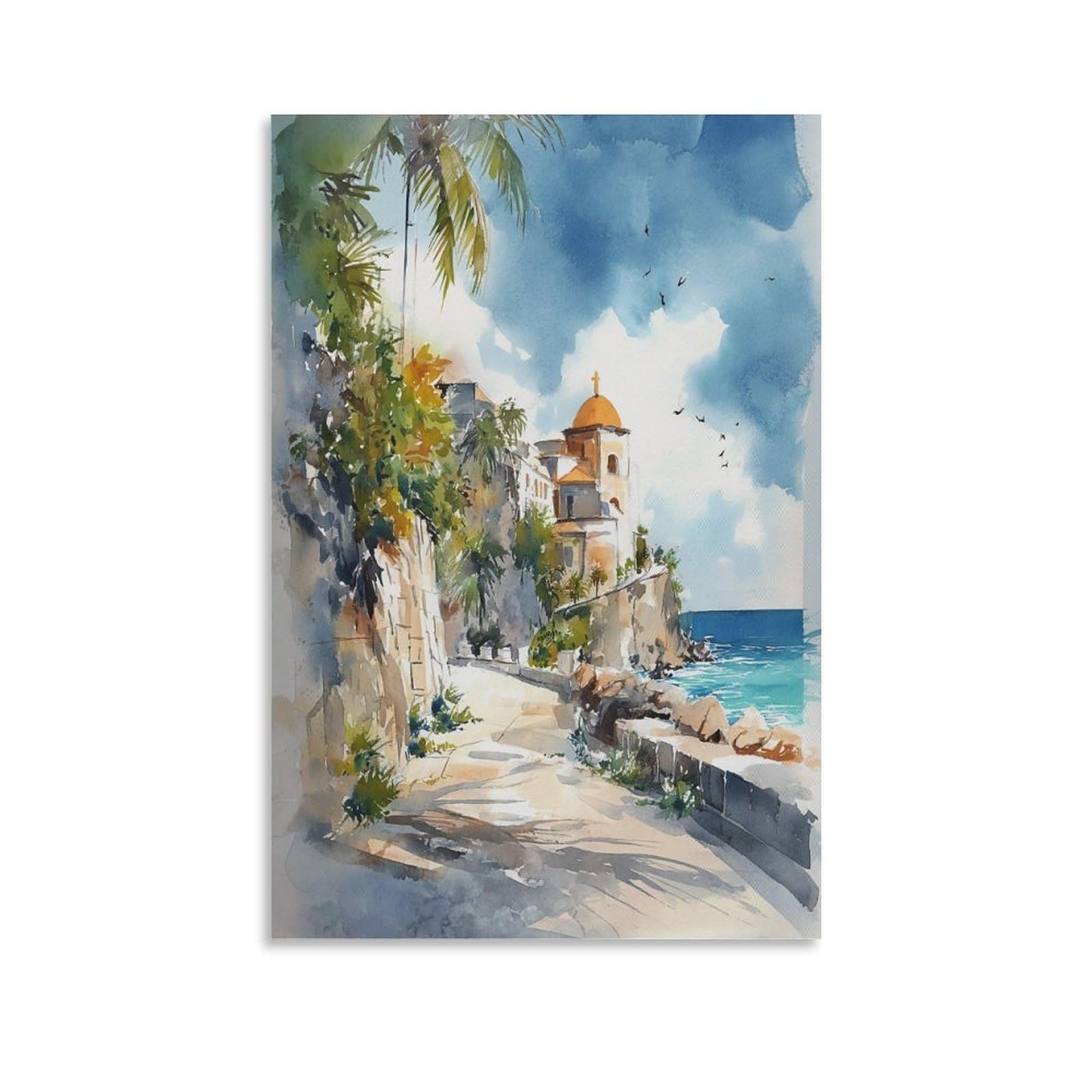 XWYMXZ Cozumel Watercolor Painting Coastal Poster 24x36inch(60x90cm) Vintage Watercolor Canvas Art