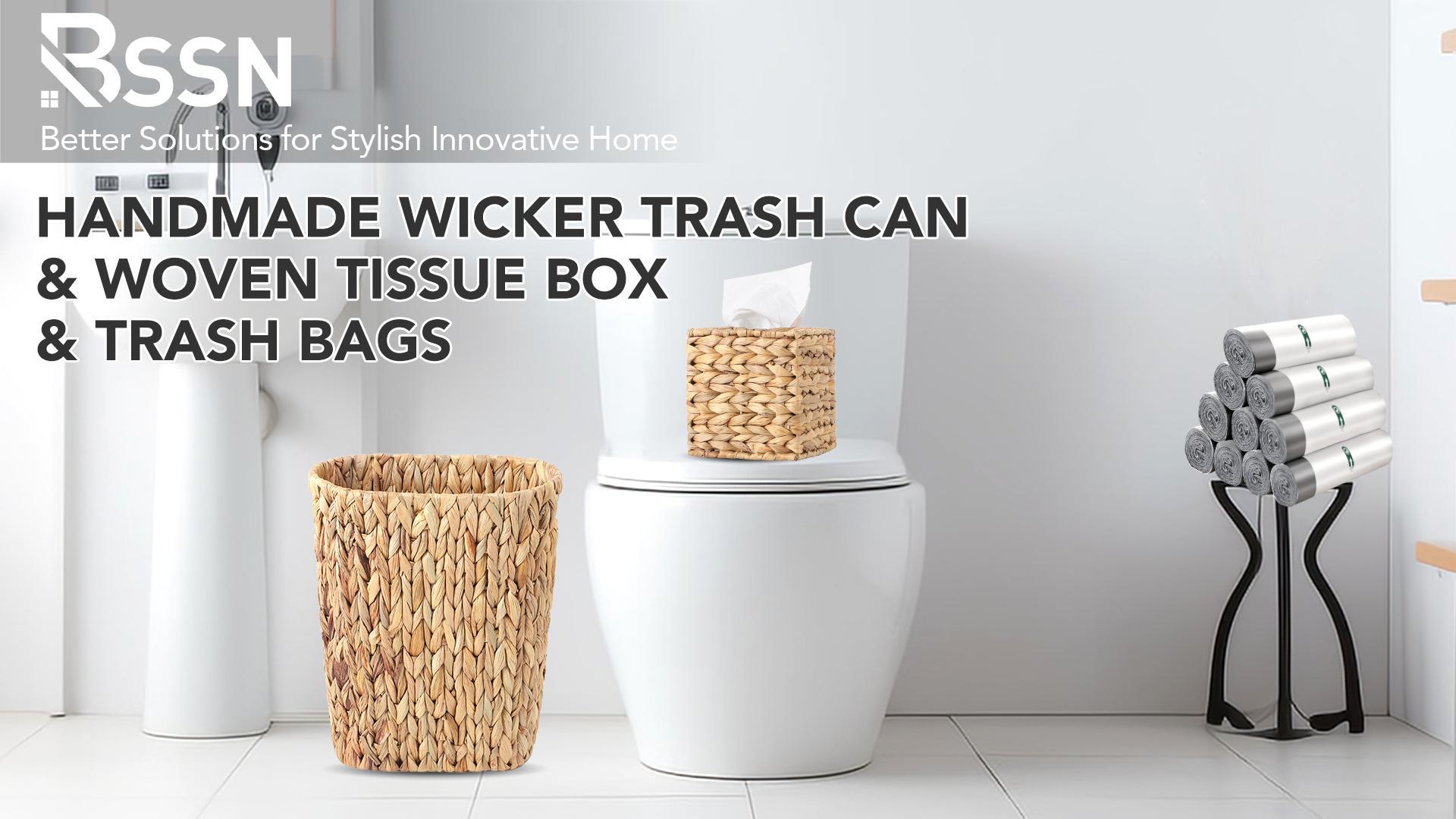 Image of BSSN 4 Gallon Wicker Trash Can Handwoven Bathroom Trash Can,Square Water Hyacinth Tissue Box Cover, Narrow Small Waste Basket,White 150 Count 5 Gallon Trash Bags Rustic Decor Set for Bedroom & Office