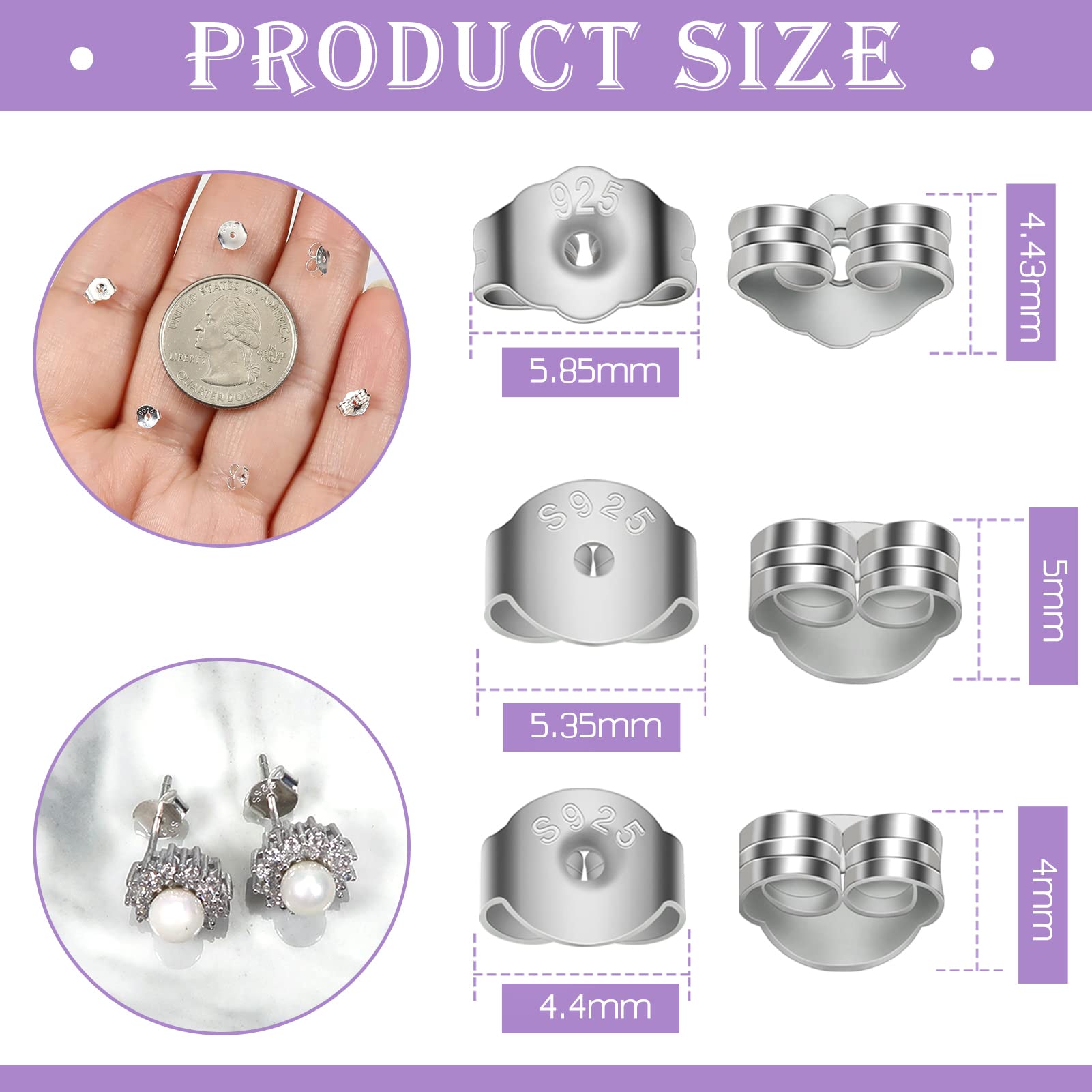 TOAOB 60pcs Fermoirs De Boucles D'oreilles En Argent Sterling 925 Hypoallergénique Argent Tailles 5.85x4.43mm 5.35x5mm 4.4x4mm Forme De Papillon Support Sécurisé Pour Fabrication De Bijoux