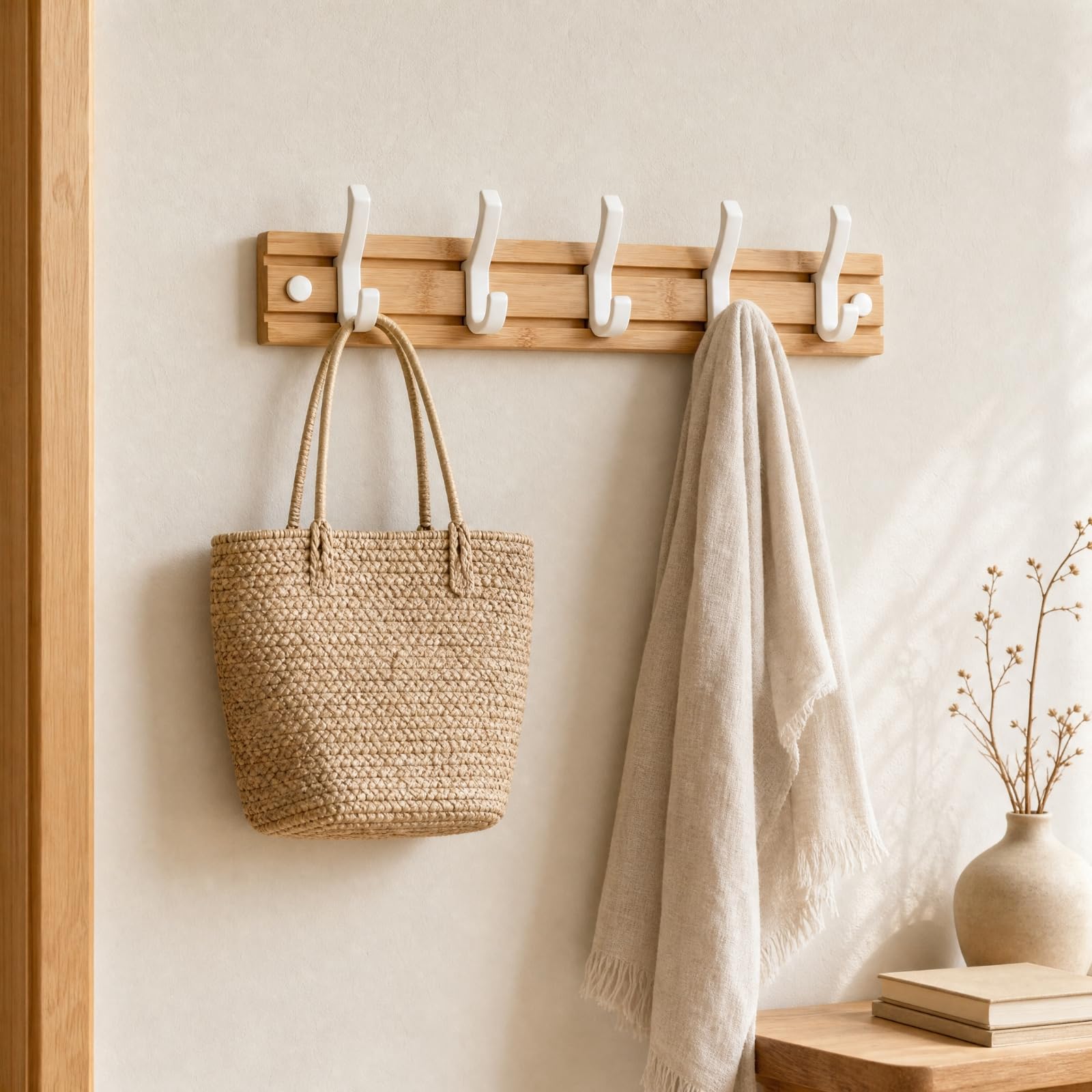 LOVIVER Patère Murale En Bois Rangée s Pratique Portemanteau Mural Multifonction Étagère Rangement Murale pr Salon, Cuisine, 6 Crochets