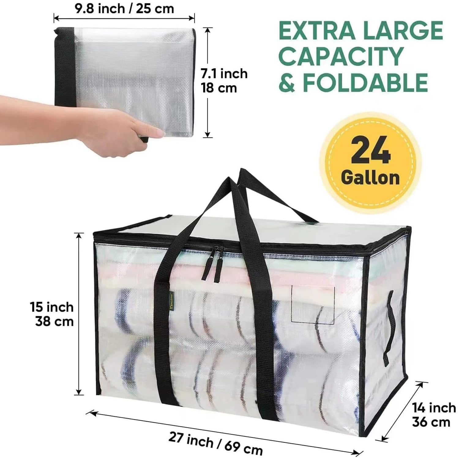 Lot de 2 90L Grands Sac de Rangement avec Couvercle et Poignées Renforcées, Sac Rangement Vetement, Cartons Déménagement Résistant pour Rangement des Vêtements et voyages, Sac à Linge