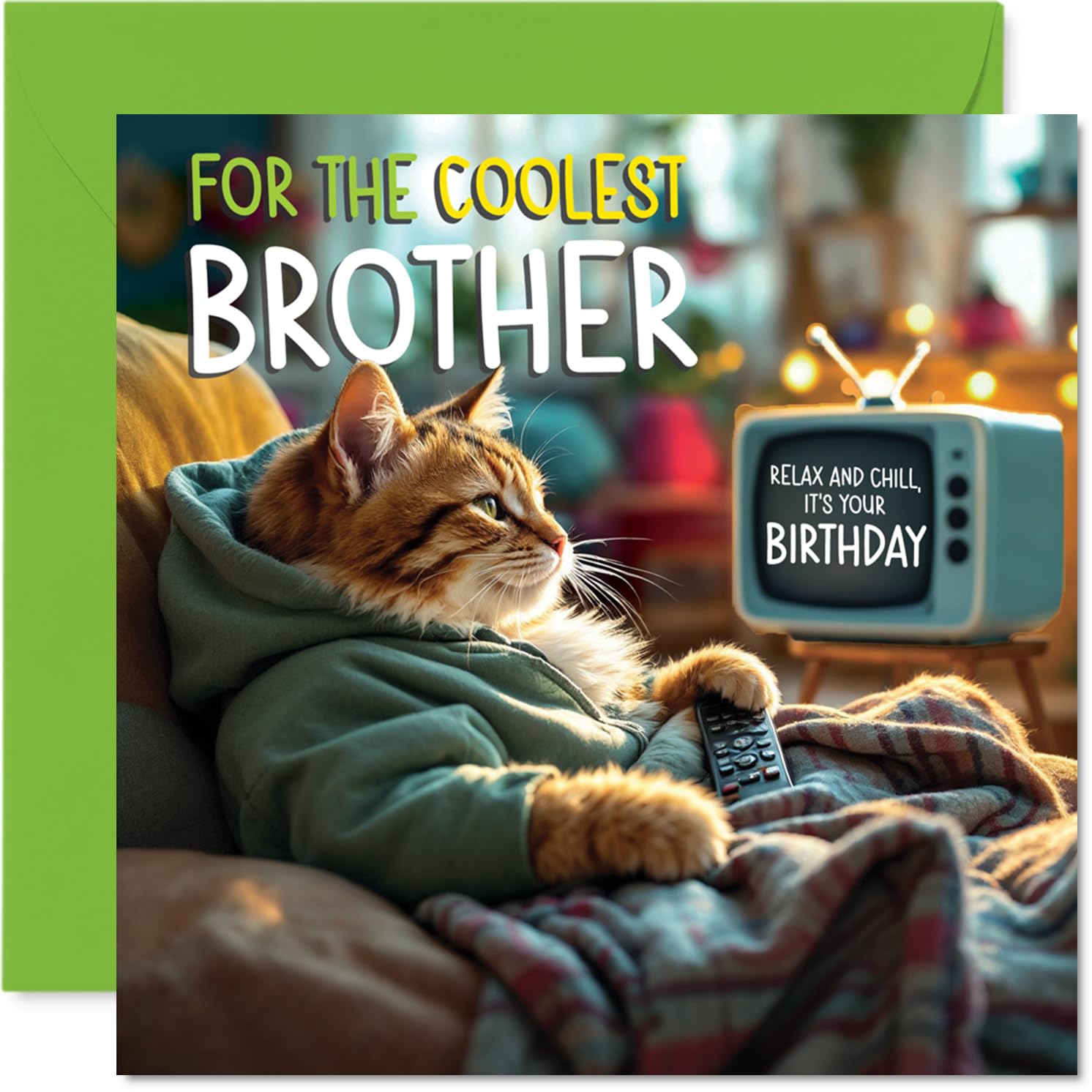 Brother Birthday Card - TV Cat - Happy Birthday Card for Brother from Sister Sibling, 145mm Cat Celebration Bday Greeting Cards