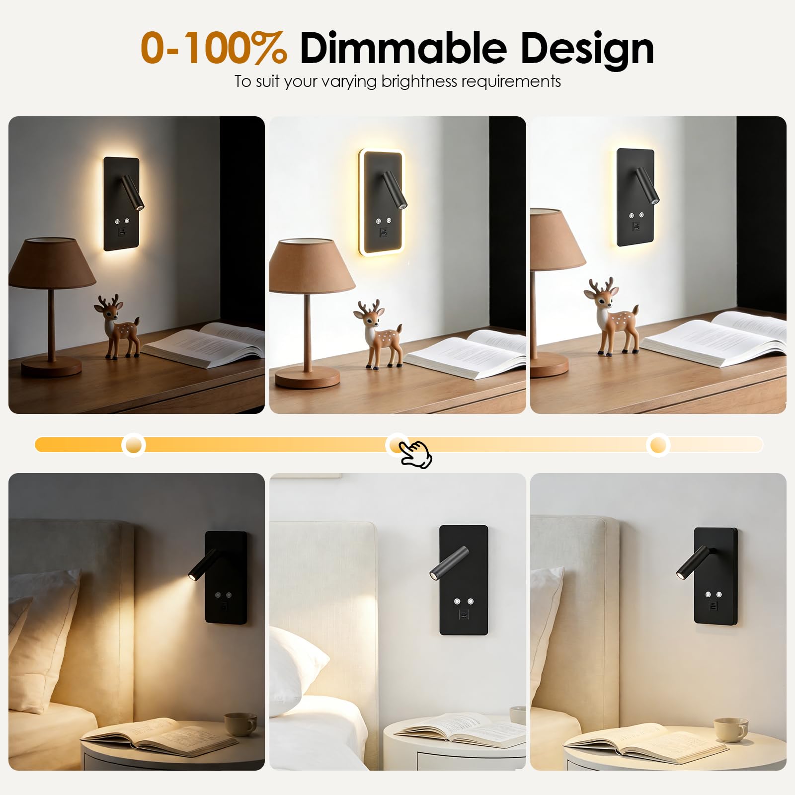 2pcs LED Wandleseleuchte, Stufenlos Dimmbare Leselampe Nachttischlampe, Wandleuchte Leselicht mit USB- und Typ-C-Ladeanschluss und Schalter für Schlafzimmer, Hotel, Flur (Warmes Licht 3W+9W)(Schwarz)