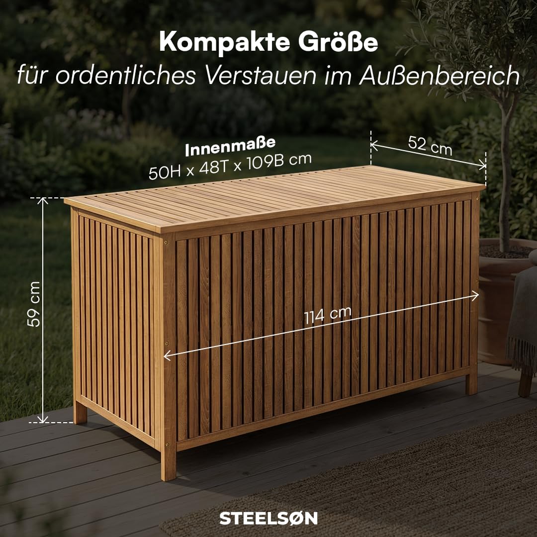 STEELSØN Alkes Aufbewahrungsbox aus geöltem Akazienholz – Auflagenbox mit hochwertiger Innenplane – Outdoor Kissenbox mit klappbarem Deckel – Sitztruhe sicherer Halt – Gartenbox wetterfest 114x52x59cm