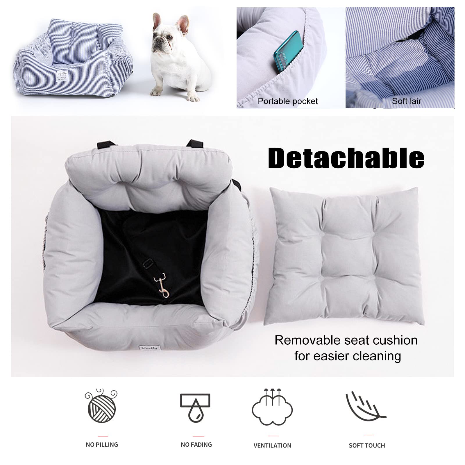 PETCUTESeggiolino Auto per Cani, Antiscivolo Cuccia Rimovibile e Lavabile con Cintura di Sicurezza, Borsa Portaoggetti