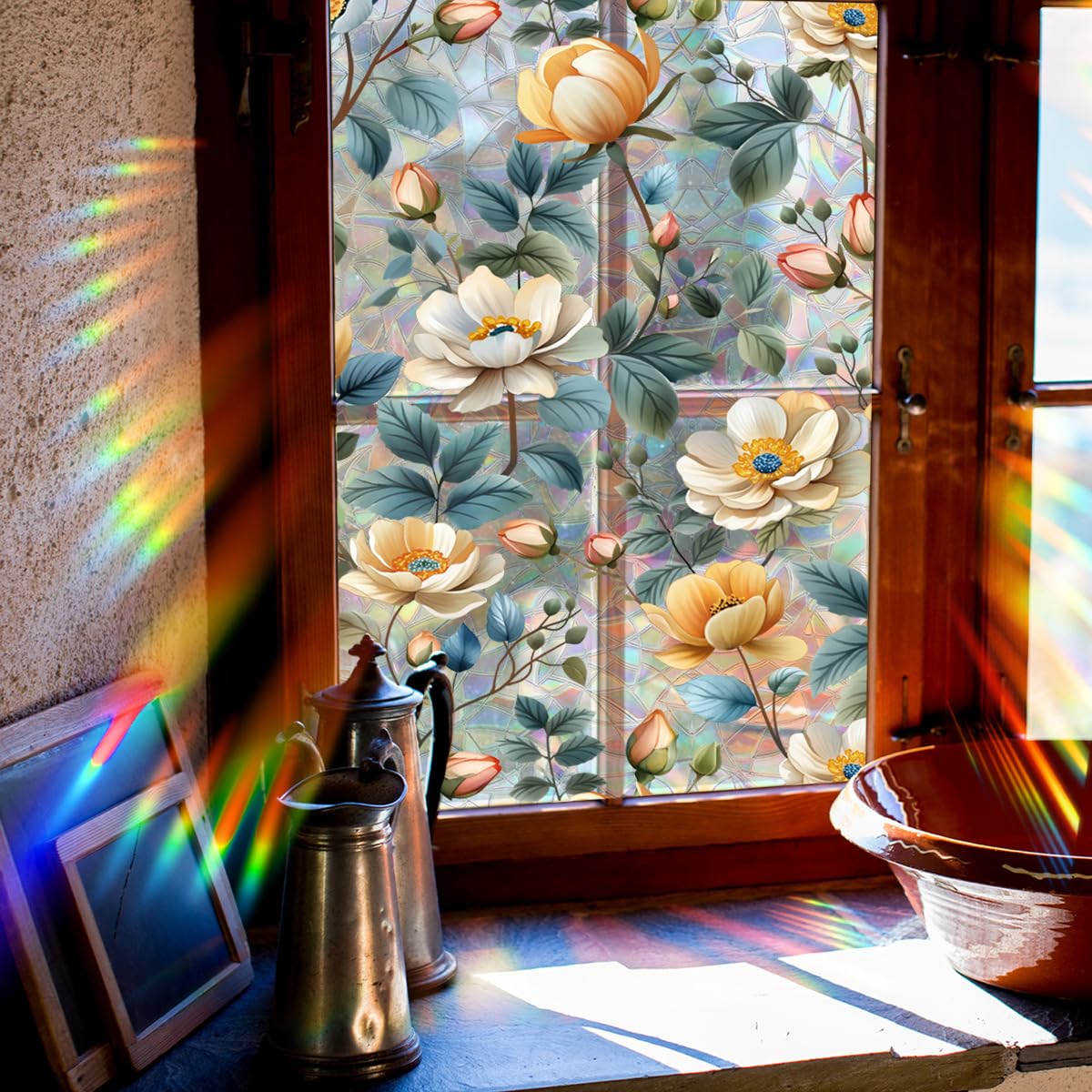 Linghe Retro Window Privacy Film, Stained Glass Decals Colorful Floral Rainbow Decals Static Cling Sun Blocking Decor for Home Office Windows Doors 17.7x39.3 inch (09)