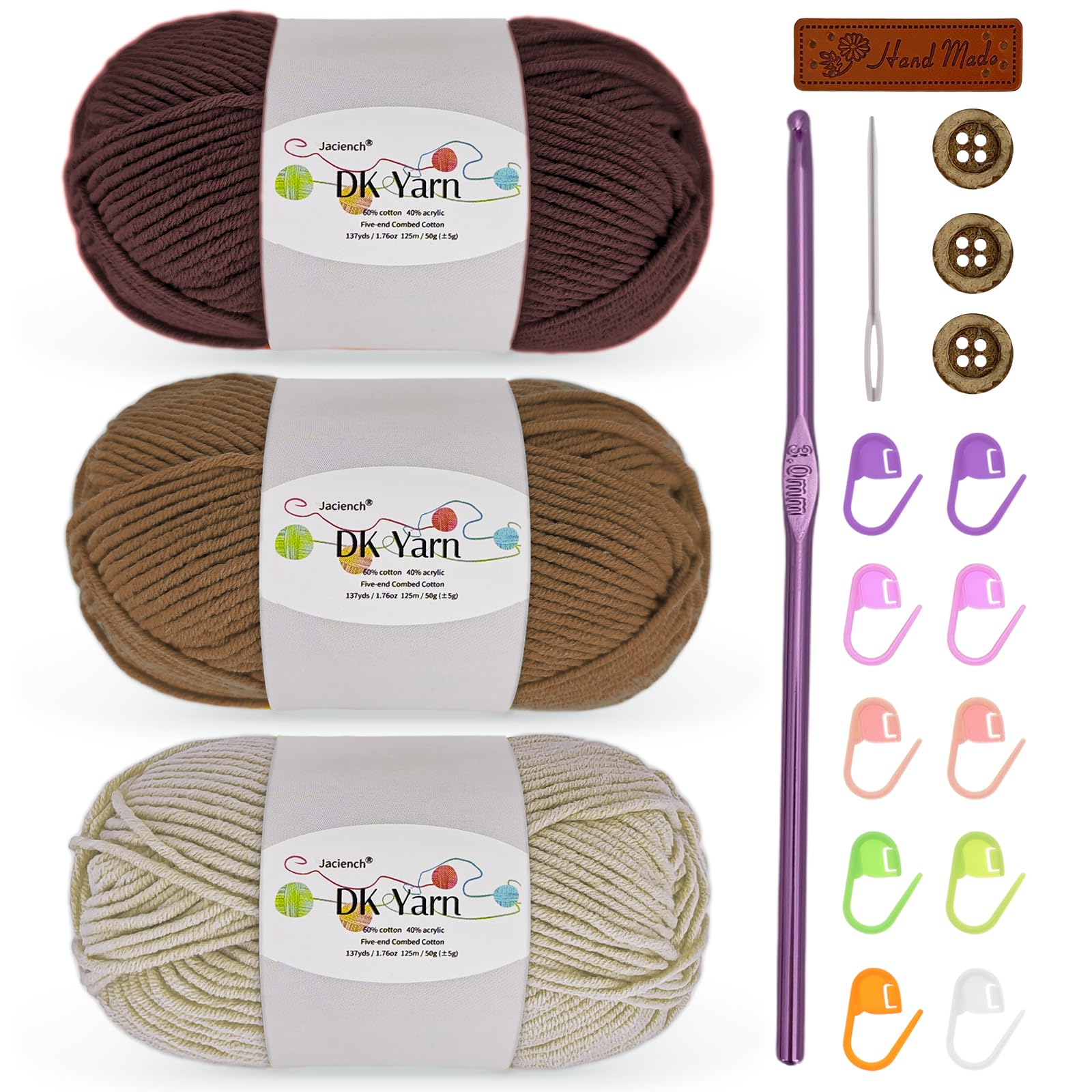 Crochet Yarn Kit, 3×50g 60% Cotton 40% Acrylic Combed Cotton Yarn with 3mm Hook & Accessories, DK Wool for Beginners Amigurumi Socks Blankets (Brown-3)