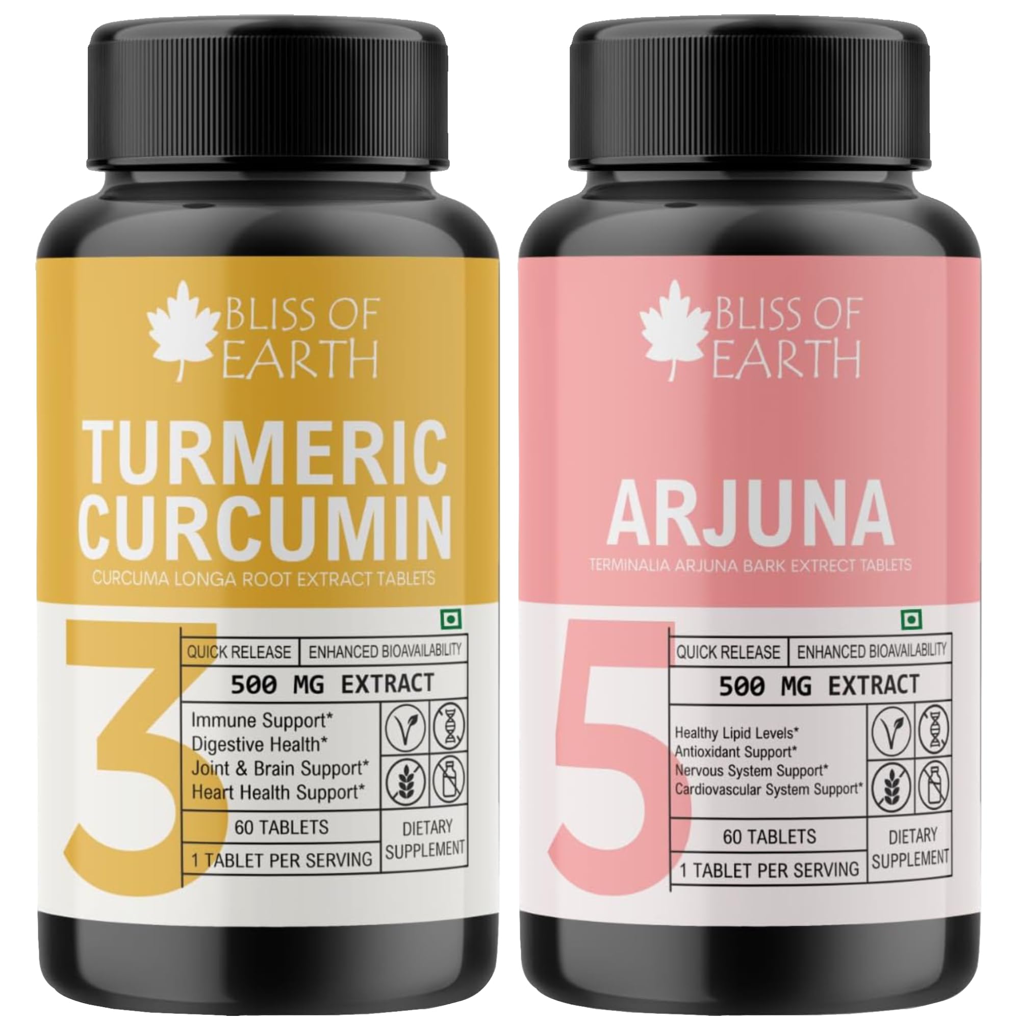 Bliss of Earth High Potency Combo of Turmeric Curcumin Extract Tablets 500mg & Arjuna Bark Extract Tablets 500mg, 60 Count Each