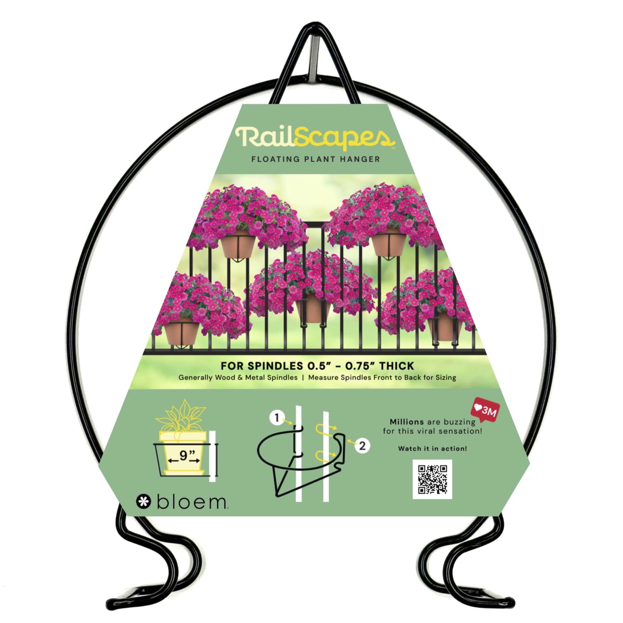 Railscapes Bloem 0.5-0.75" - 1 Pack - Floating Railing Planter Holder - Tool-Free Installation, Up to 10" Planter, Gardening & Plants, 15lb Capacity