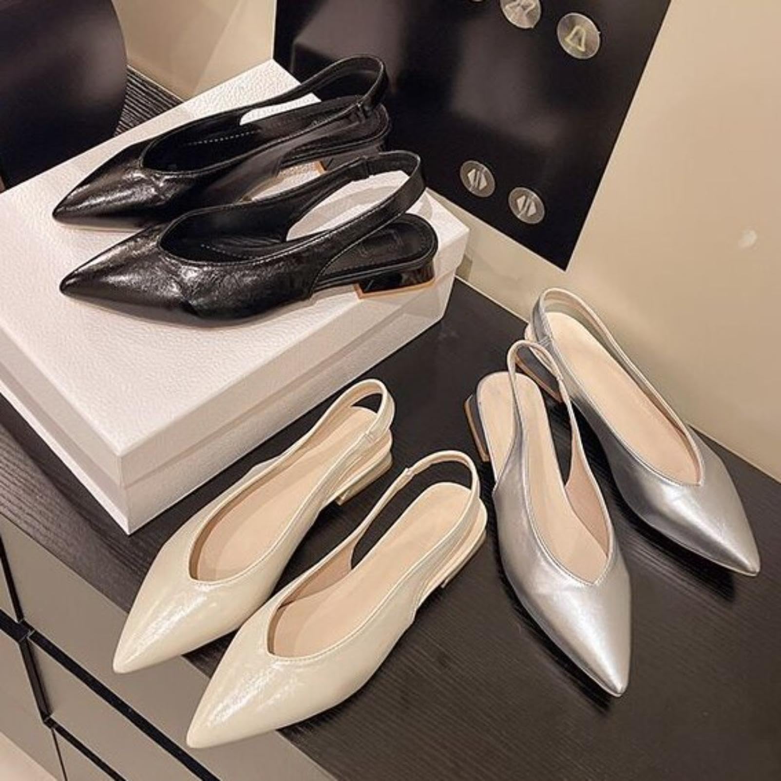 Generico Décolleté Punta Affusolata Slingback Tacco Blocco Basso Fibbia Regolabile