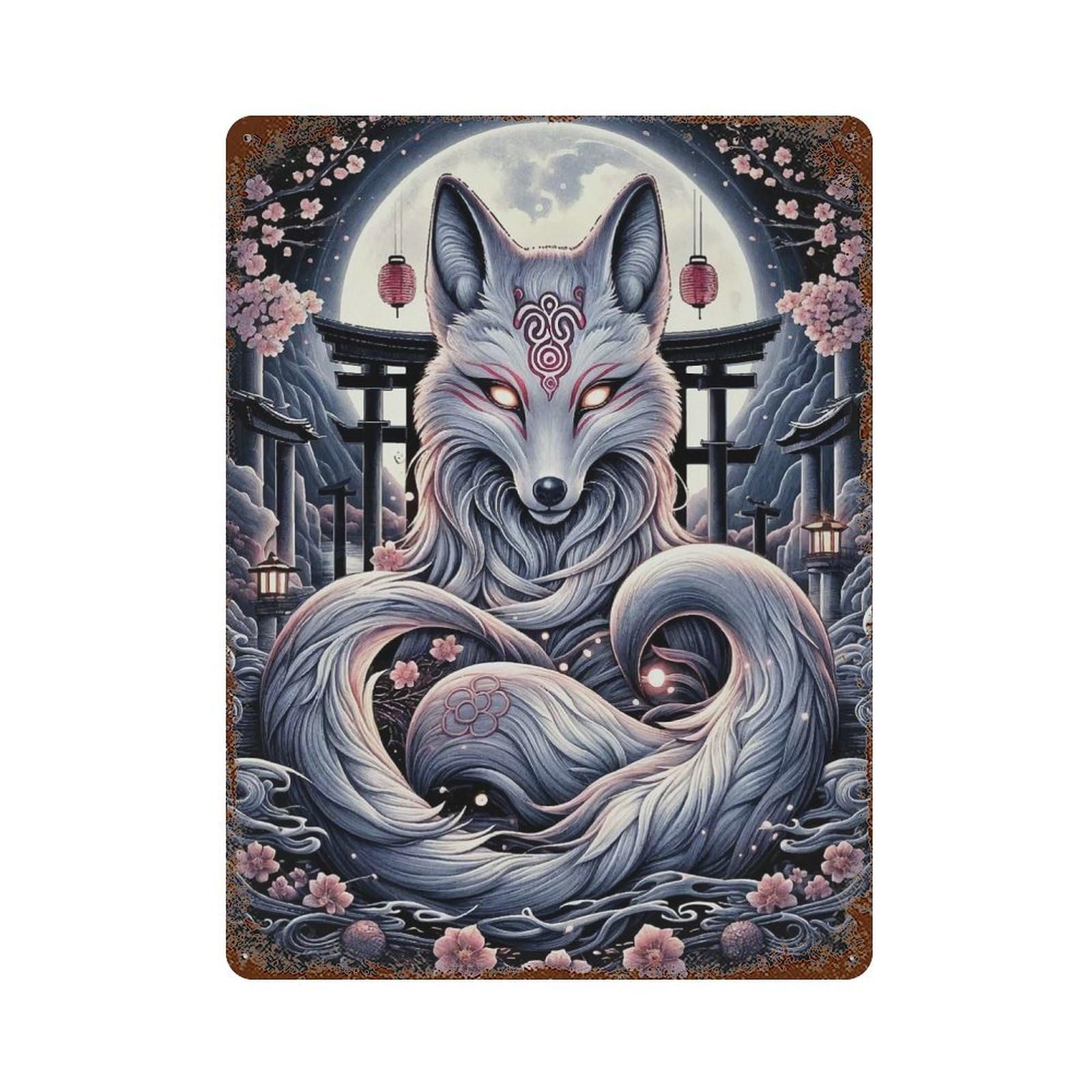 Wolf Moon Japan 15.7"x11.8" Distressed Metal Wall Sign, Shabby Chic Decor for Shed, Workshop And Garage Wall Decor