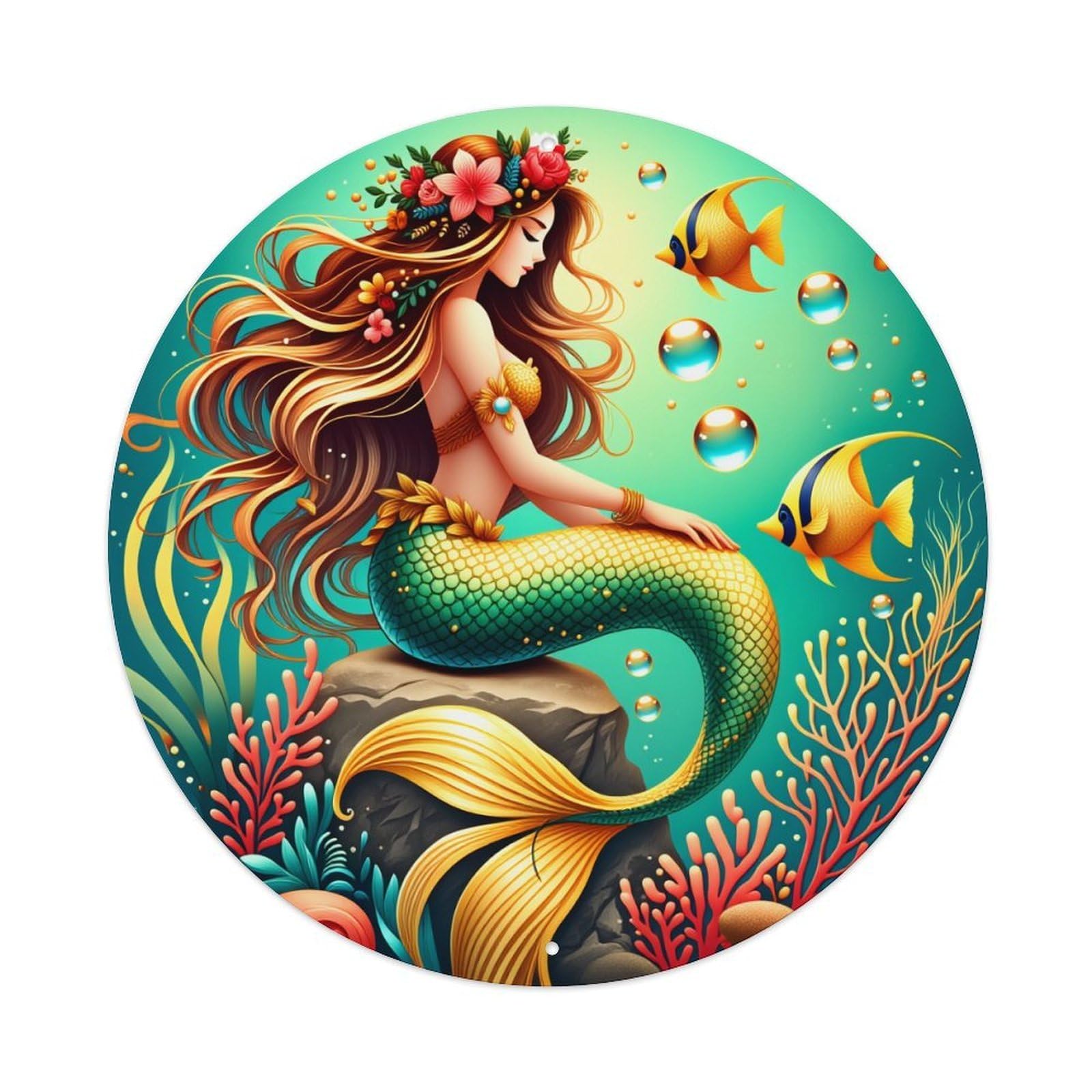 Wmlzdnwr Vintage Mermaid With Floral Crown And Colorful Fish Round Tin Sign,Retro Wall Art,Metal Poster For Home, Bar, Garage, Cafe, Rustic Indoor & Outdoor Decor, 8X8 Inches