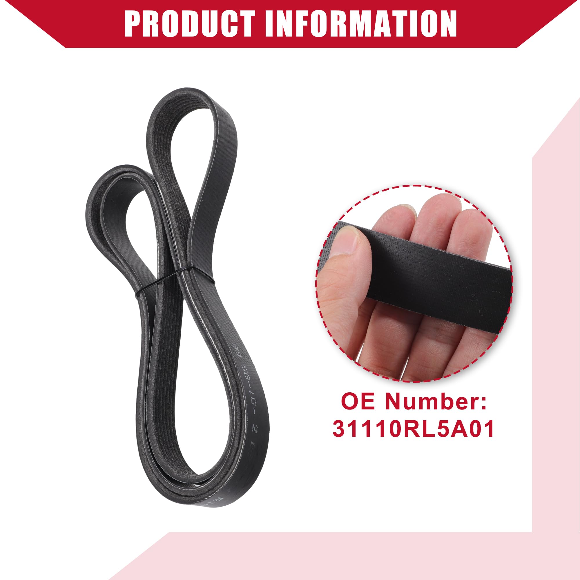 N°31110RL5A01 Courroie serpentée pour Honda CR-V 2017-2020 pour Honda Civic 2016-2020, Courroie serpentée intérieure, EPDM durable, 1 pièce noire