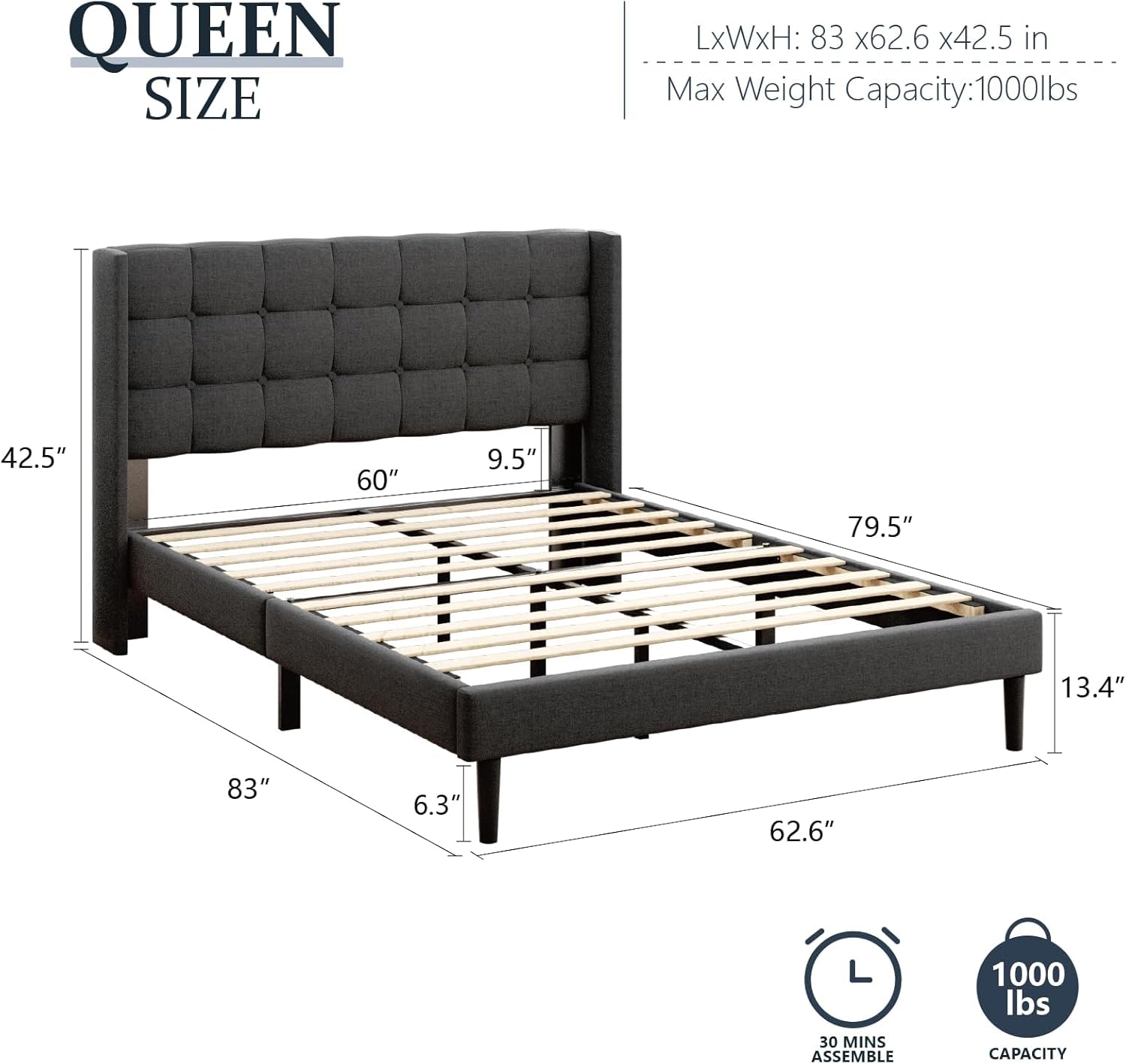 Large Bed Frame with headboard, Modern Soft-Padded Platform Bed Frame, Button Velvet Wing-Back Mattress Base, Noise-Free, Easy to Assemble, Modern Master Bedroom Suite or Apartment