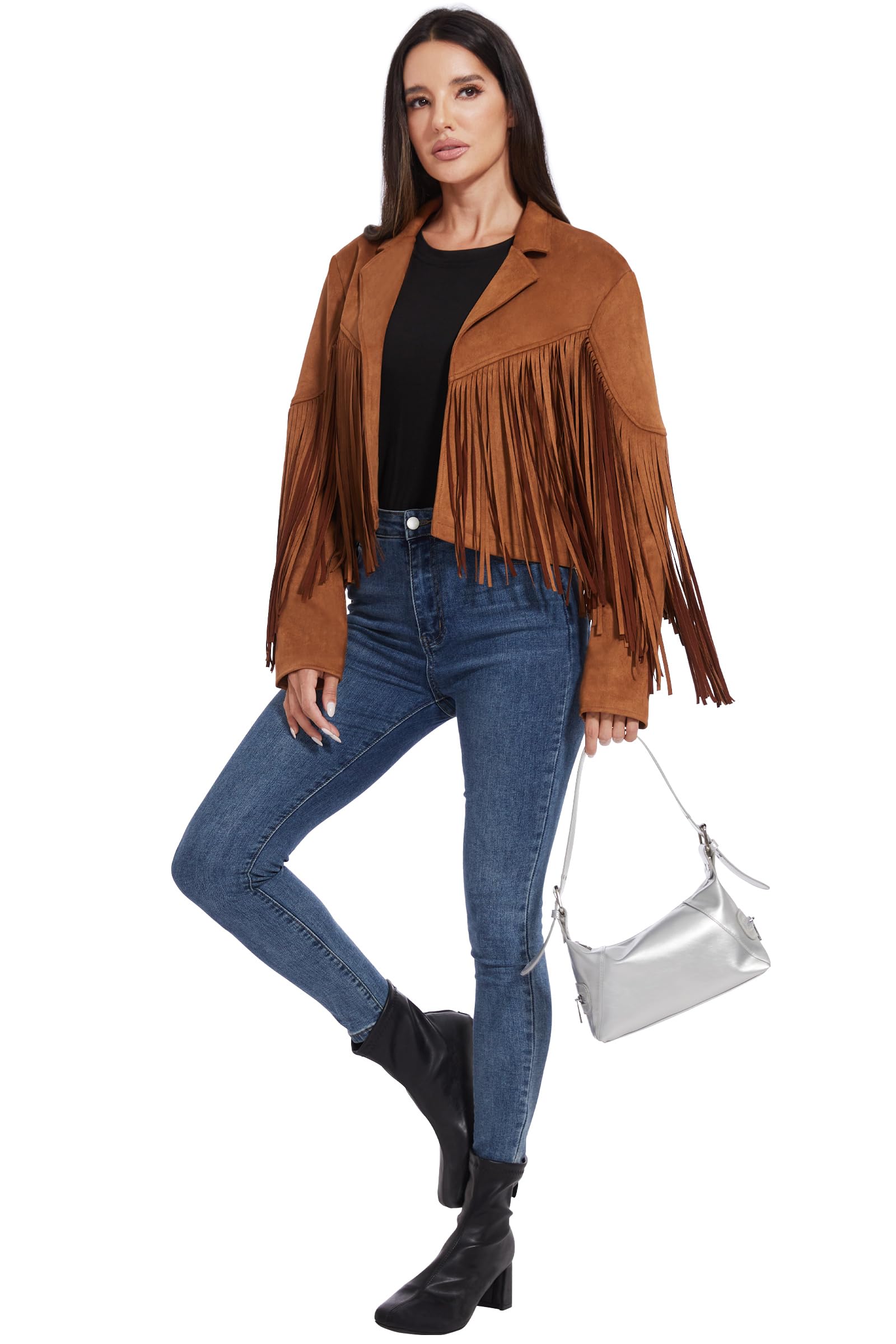 Fahsyee Damen Kunstleder Wildlederimitat Jacke Cowgirl Mantel | Cropped Western Outfit mit fransen Vegan für Country-Konzert