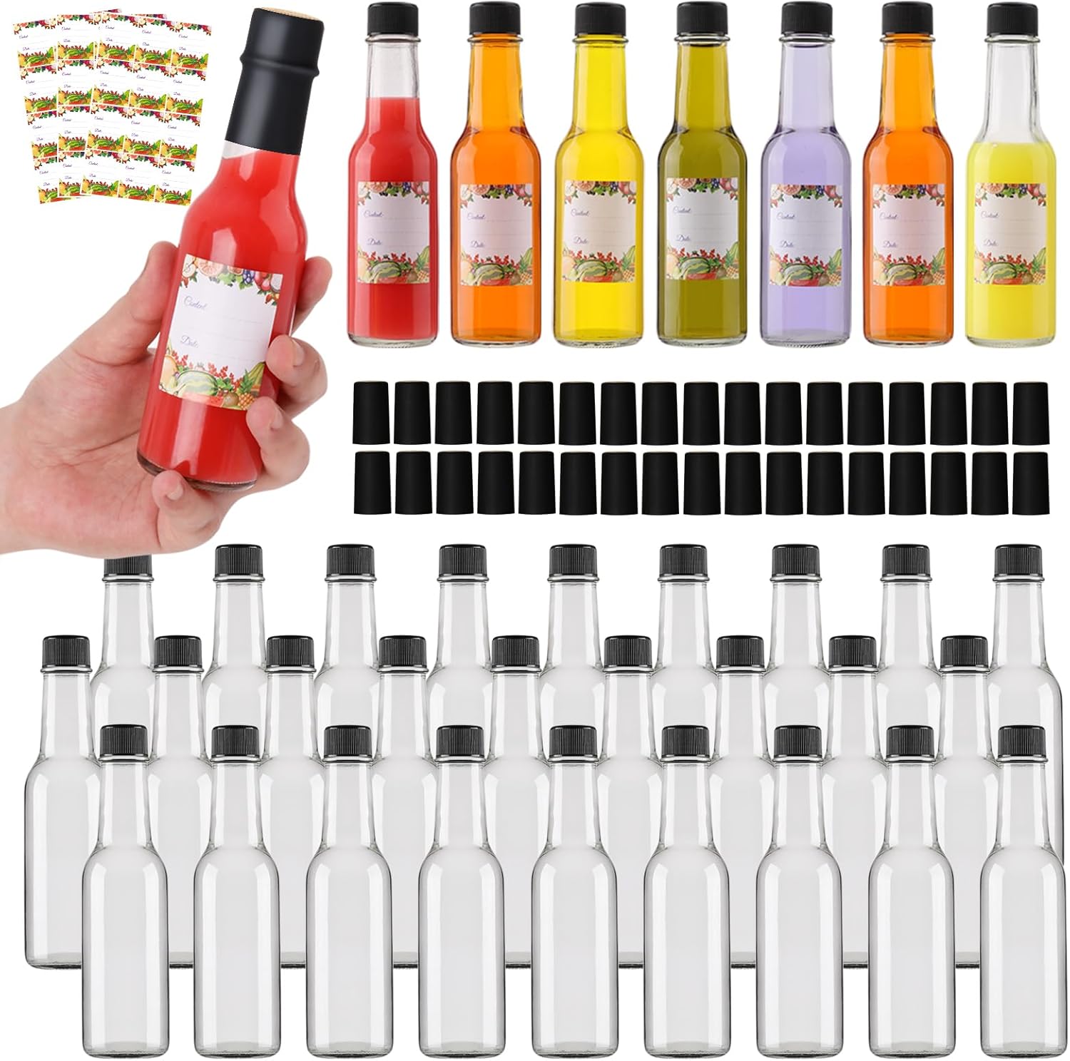 EkkoVla 35 Pack 5 oz Clear Glass Hot Sauce Bottle with Black Caps and Orifice Reducers, Clear Woozy Bottles Empty Wine Bottles with Shrink Capsules Colorful Stickers