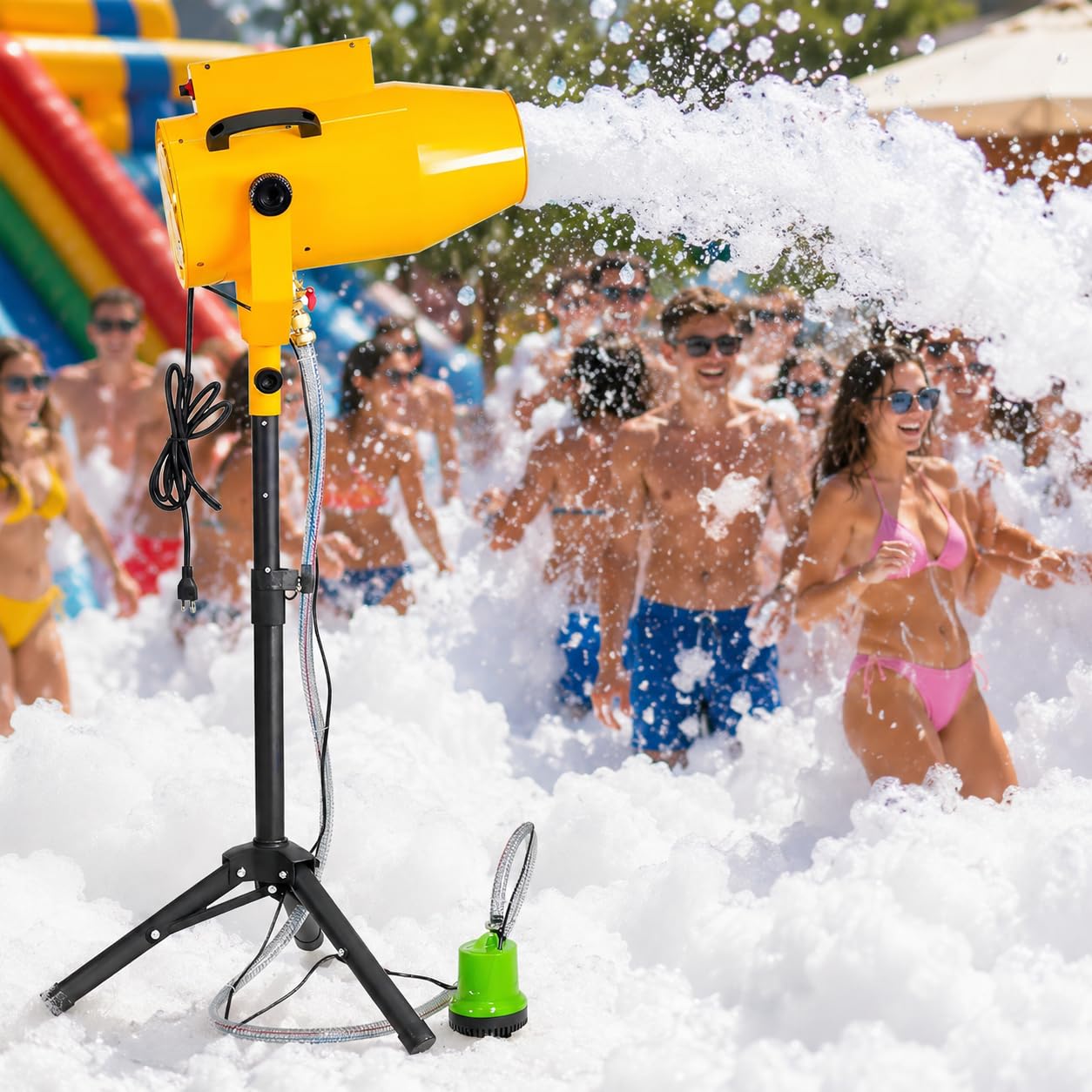 BrightFootBook Foam Machine, 1200W Foam Cannon Party Machine with Tripod, Pump & Hose, Electric Foam Maker for Backyard, Pool Party, Birthdays, Carnivals and Outdoor Summer Events Yellow