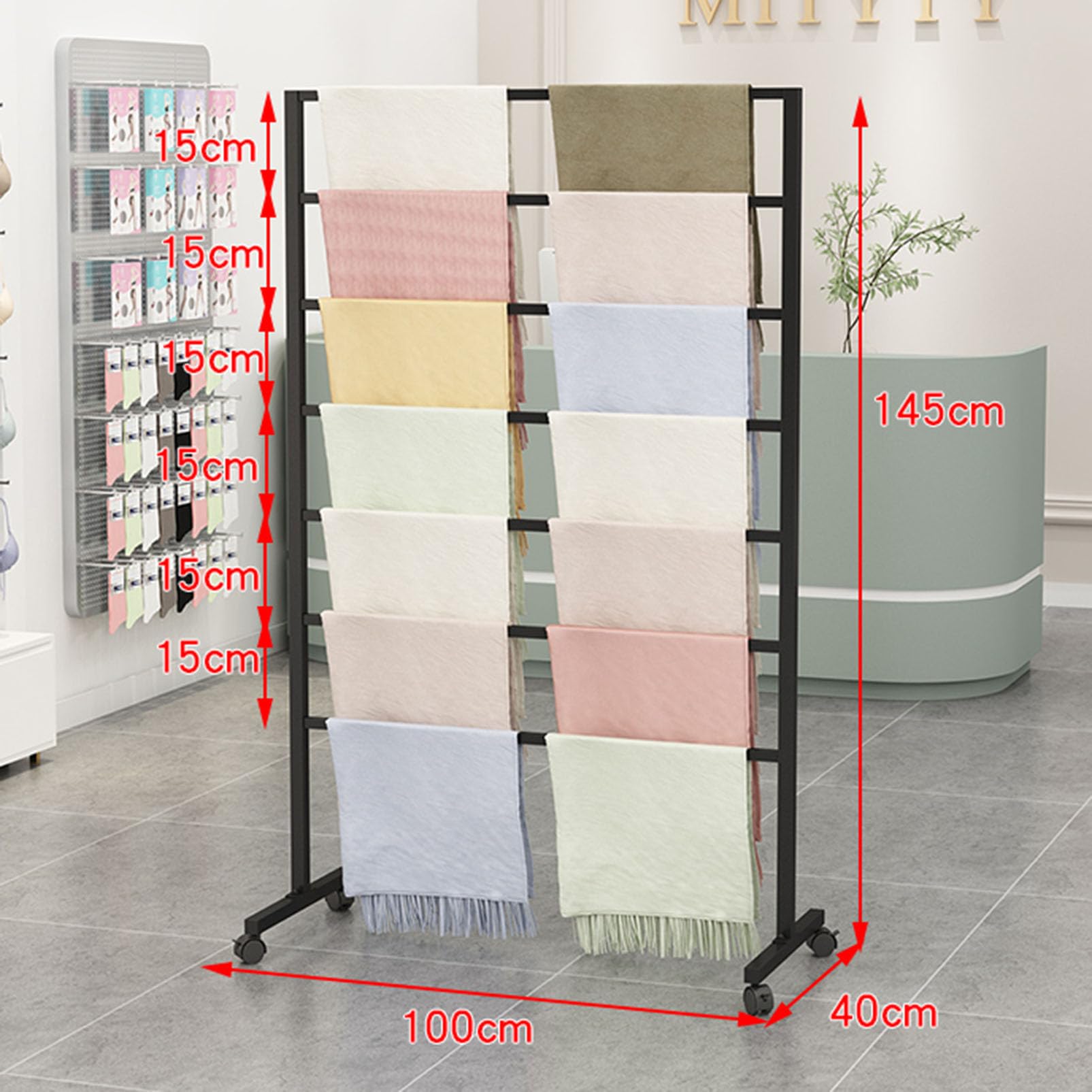 Soporte de pie para Bufandas, Expositor de Joyas, Colgador de Cinturones, chales, Organizador de hijabs, Soporte Multiusos, Percha portátil y extraíble para rop,Gold-100x40x145CM