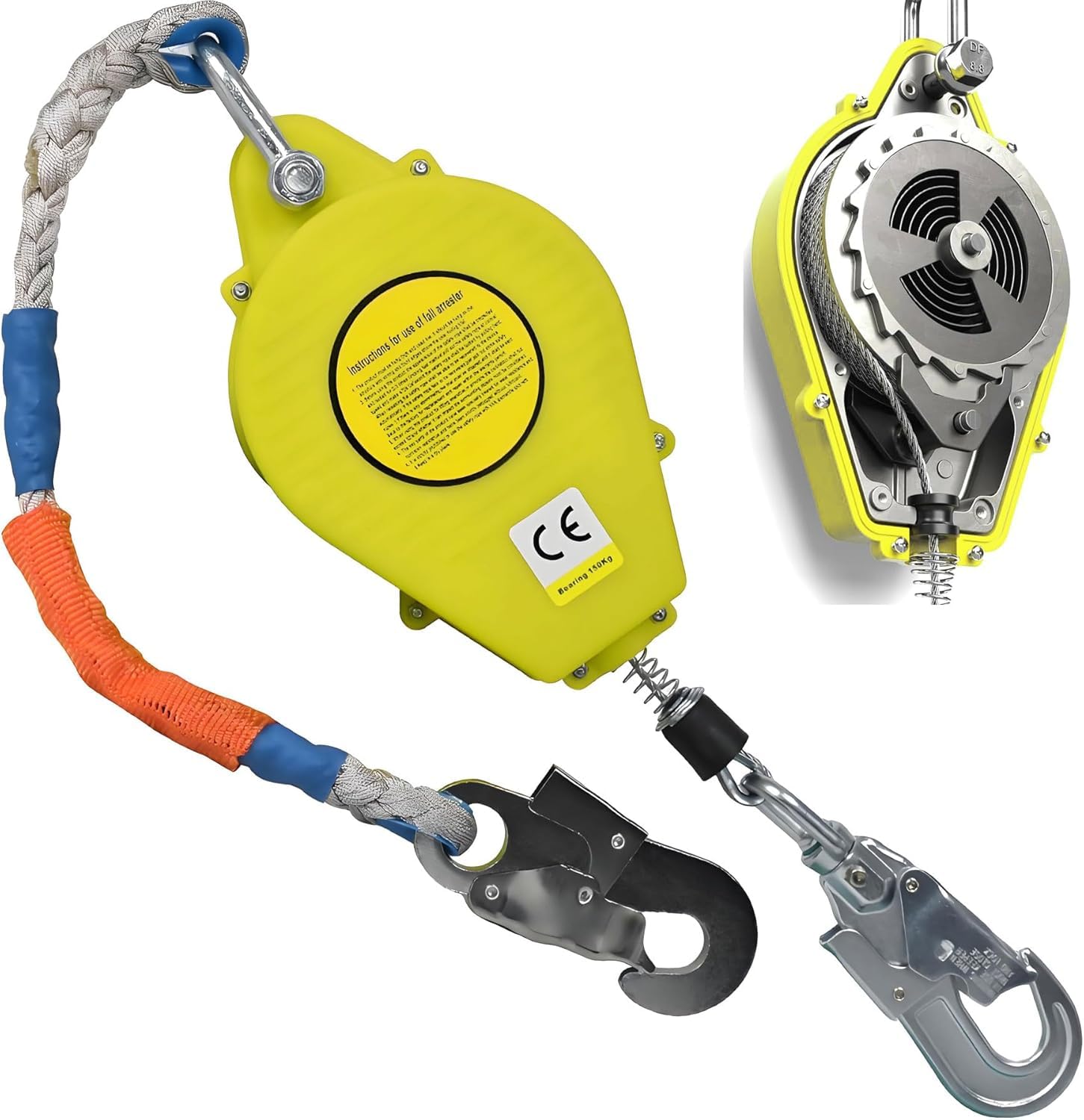 Stop Chute Automatique, Dispositif Antichute Automatique avec Mousqueton Rotatif, Stop Chute Toiture à Rappel Automatique Adapté aux Travaux en Hauteur et à l'Escalade(Giallo,10m)