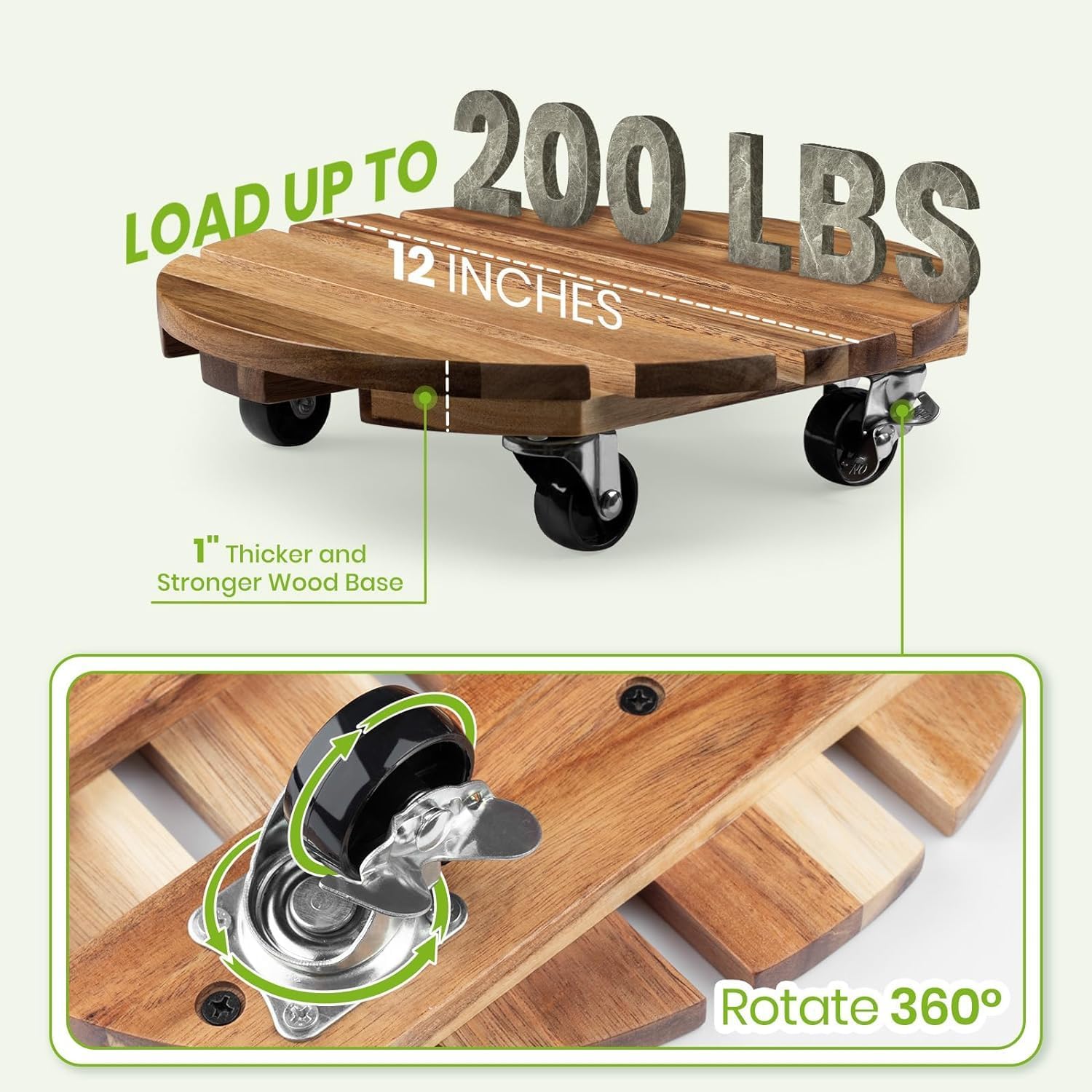 2 Pack 12 Inch Plant Caddy wooden plant stands outdoor with wheels Brake garden pot stands home indoor and outdoor plant brackets heavy duty rolling plant movers bracket plant dolly (Wood - Round)