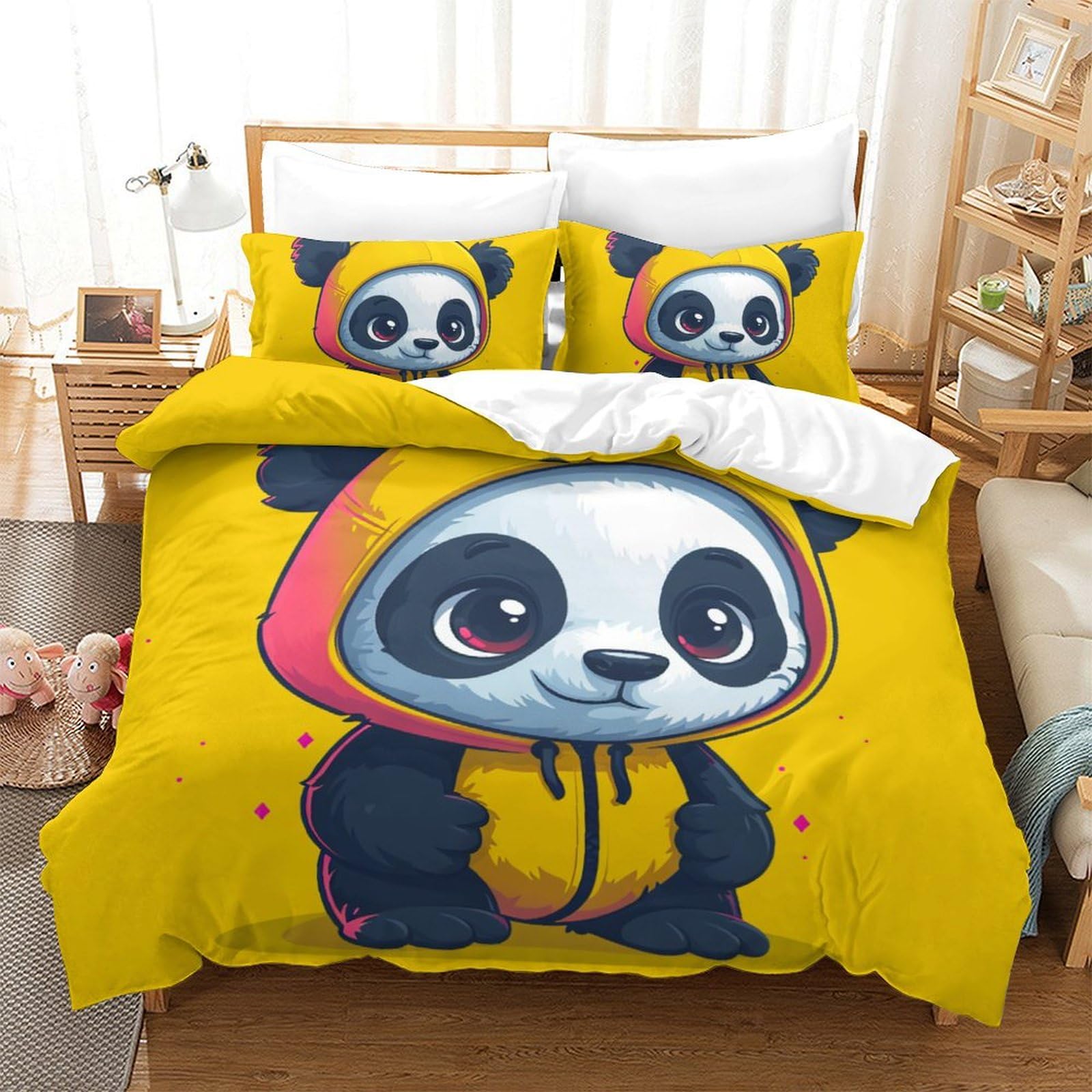 Parure de lit panda 3D 200x200 cm avec housse de couette en microfibre et taies d'oreiller